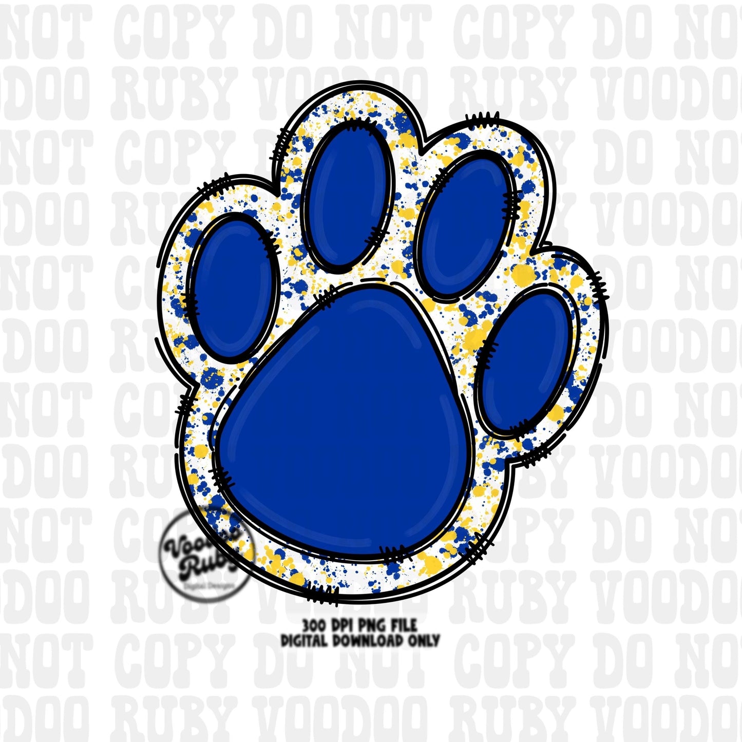 Blue Yellow Paw PNG Design Hand Drawn Digital Download PNG Sublimation Paw Print Doodle Clip Art DTF Printable