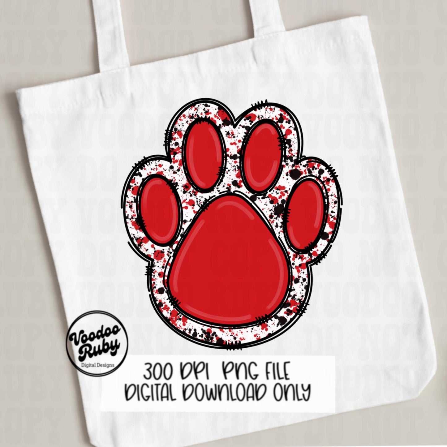 Red and Black Paw Print PNG Sublimation Design Hand Drawn Digital Download Doodle Paw Print Football Mascot DTF Printable Clip Art