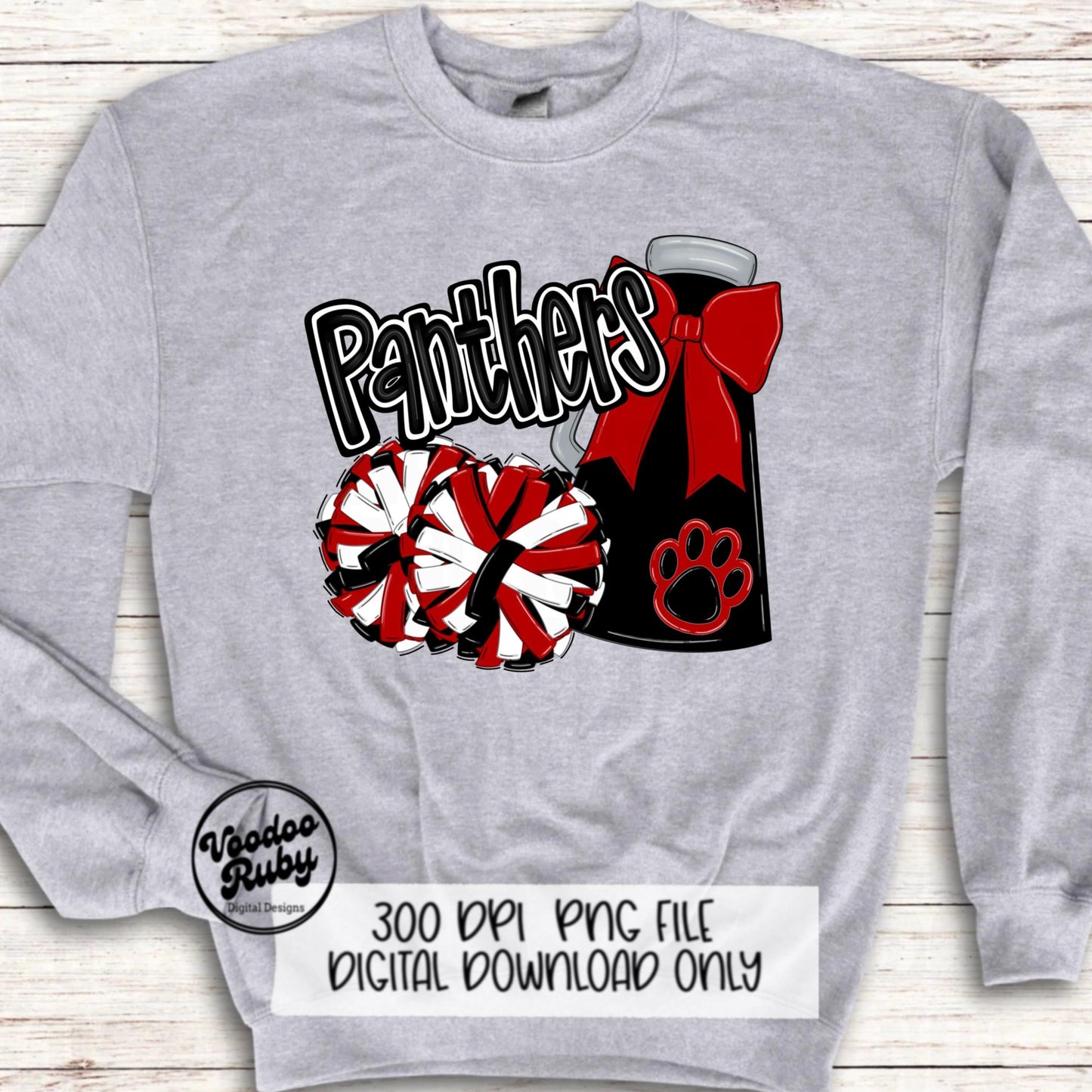Red and Black Cheer PNG Design Sublimation Hand Drawn Digital Download Red Black Cheer Megaphone png Cheerleader Clip Art DTF Printable