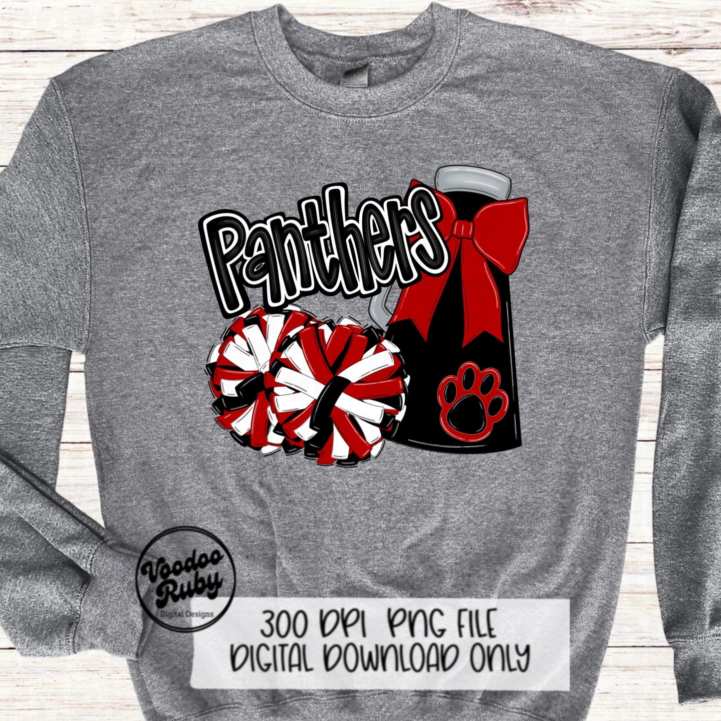 Red and Black Cheer PNG Design Sublimation Hand Drawn Digital Download Red Black Cheer Megaphone png Cheerleader Clip Art DTF Printable