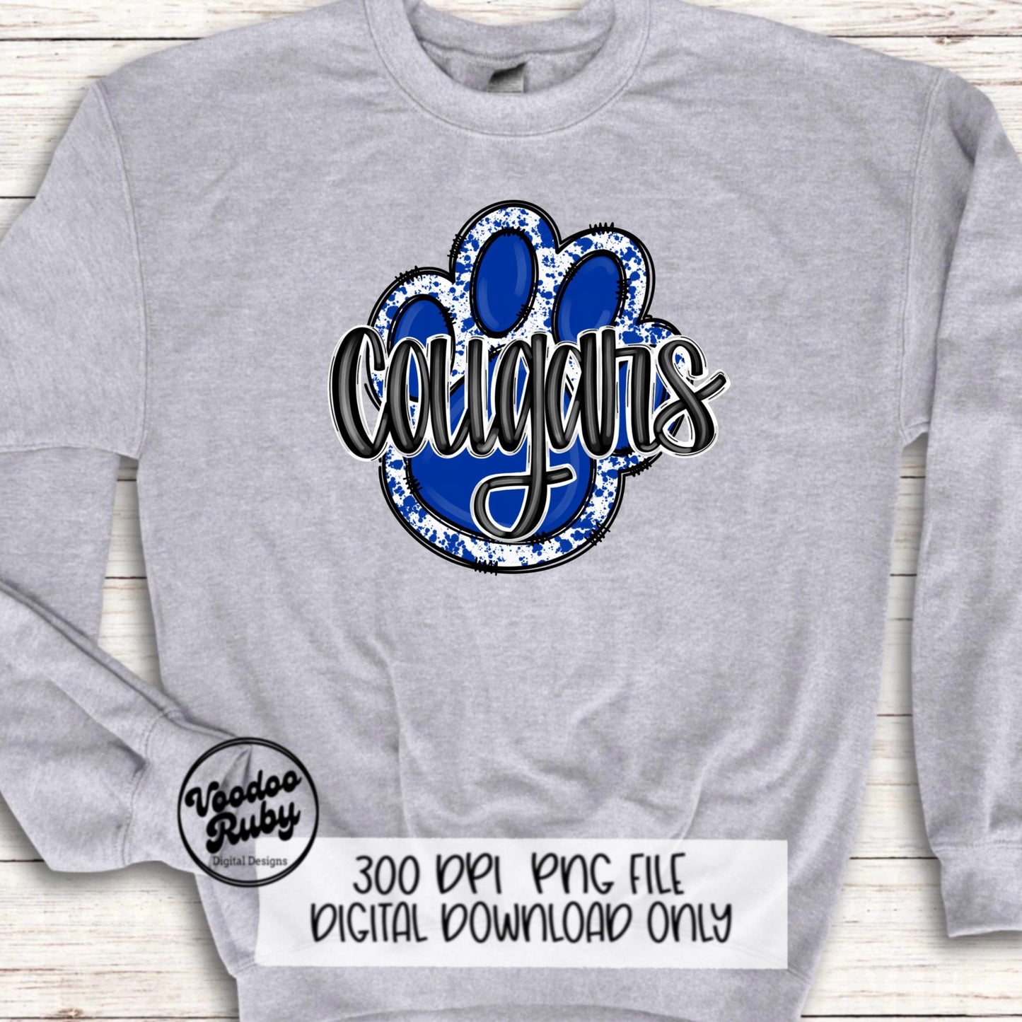 Cougars PNG Design Sublimation Hand Drawn Digital Download Football PNG Paw Print Blue White Cougars Mascot DTF Printable