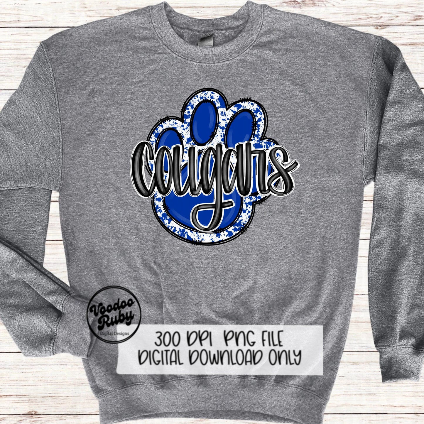 Cougars PNG Design Sublimation Hand Drawn Digital Download Football PNG Paw Print Blue White Cougars Mascot DTF Printable