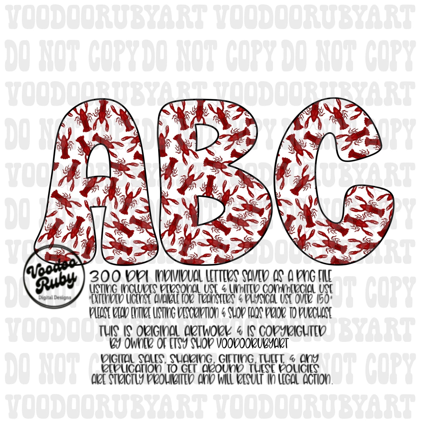 Crawfish Doodle Alphabet PNG: Cajun Letters, Louisiana Sublimation (Digital Download)