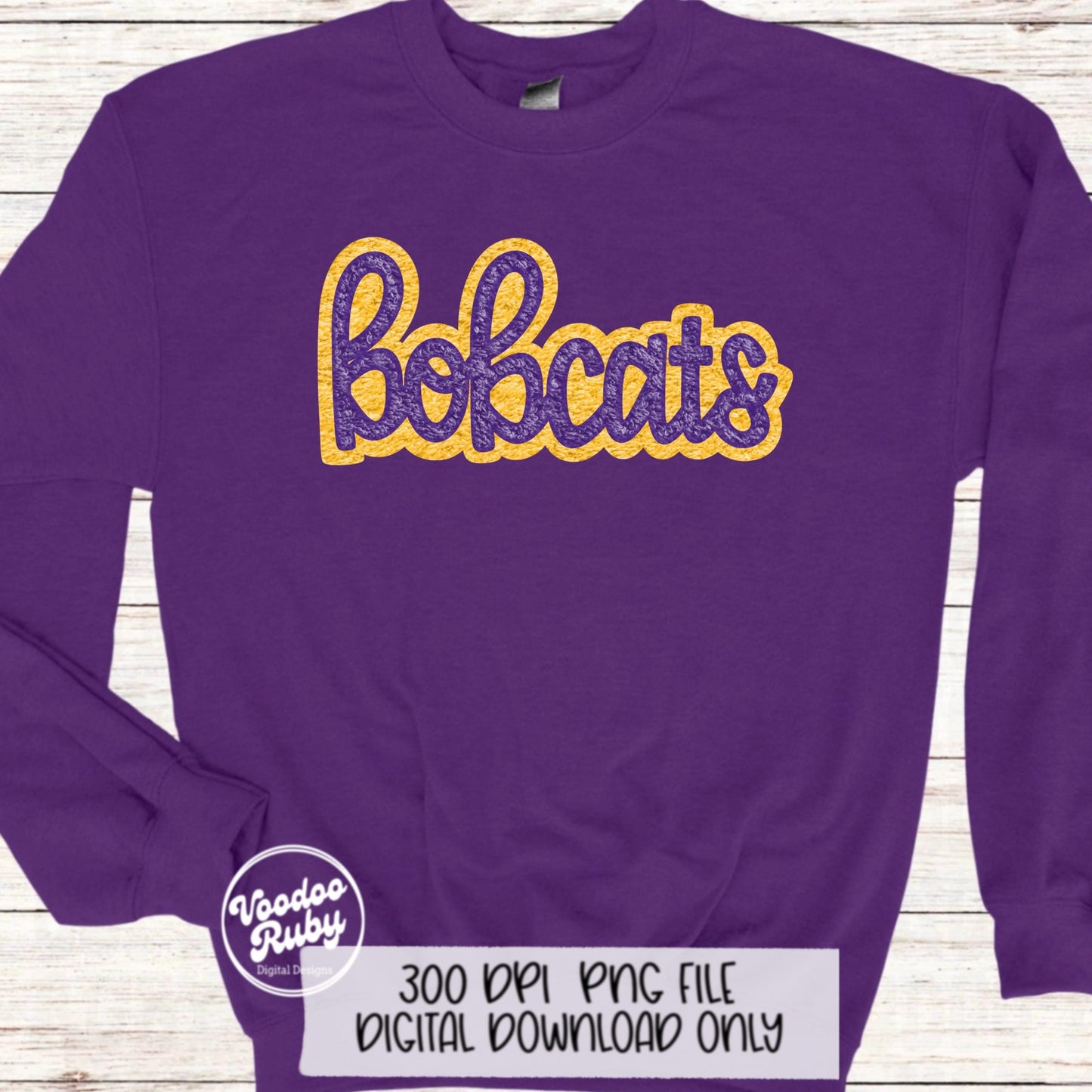 Bobcats PNG Design Faux Chenille Patches Faux Applique Hand Drawn Digital Download Sublimation Football Purple Yellow Bobcats DTF Printable
