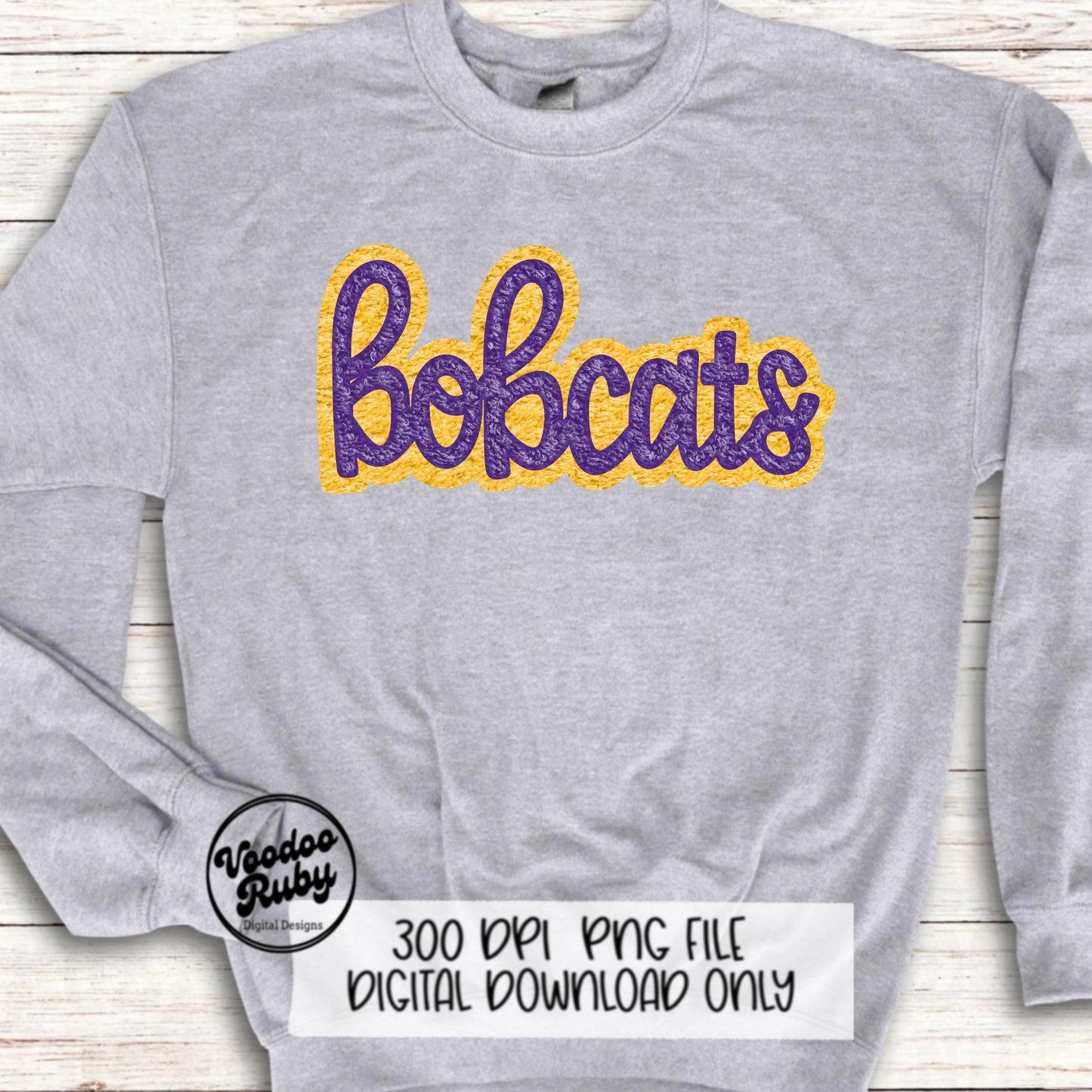 Bobcats PNG Design Faux Chenille Patches Faux Applique Hand Drawn Digital Download Sublimation Football Purple Yellow Bobcats DTF Printable