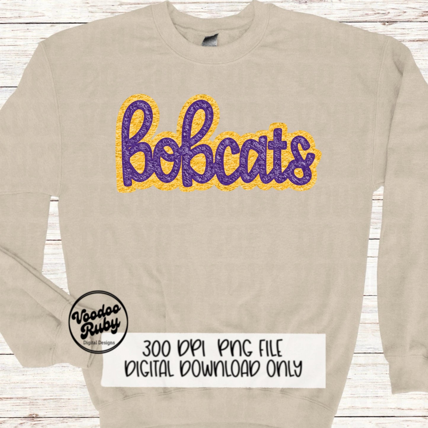Bobcats PNG Design Faux Chenille Patches Faux Applique Hand Drawn Digital Download Sublimation Football Purple Yellow Bobcats DTF Printable