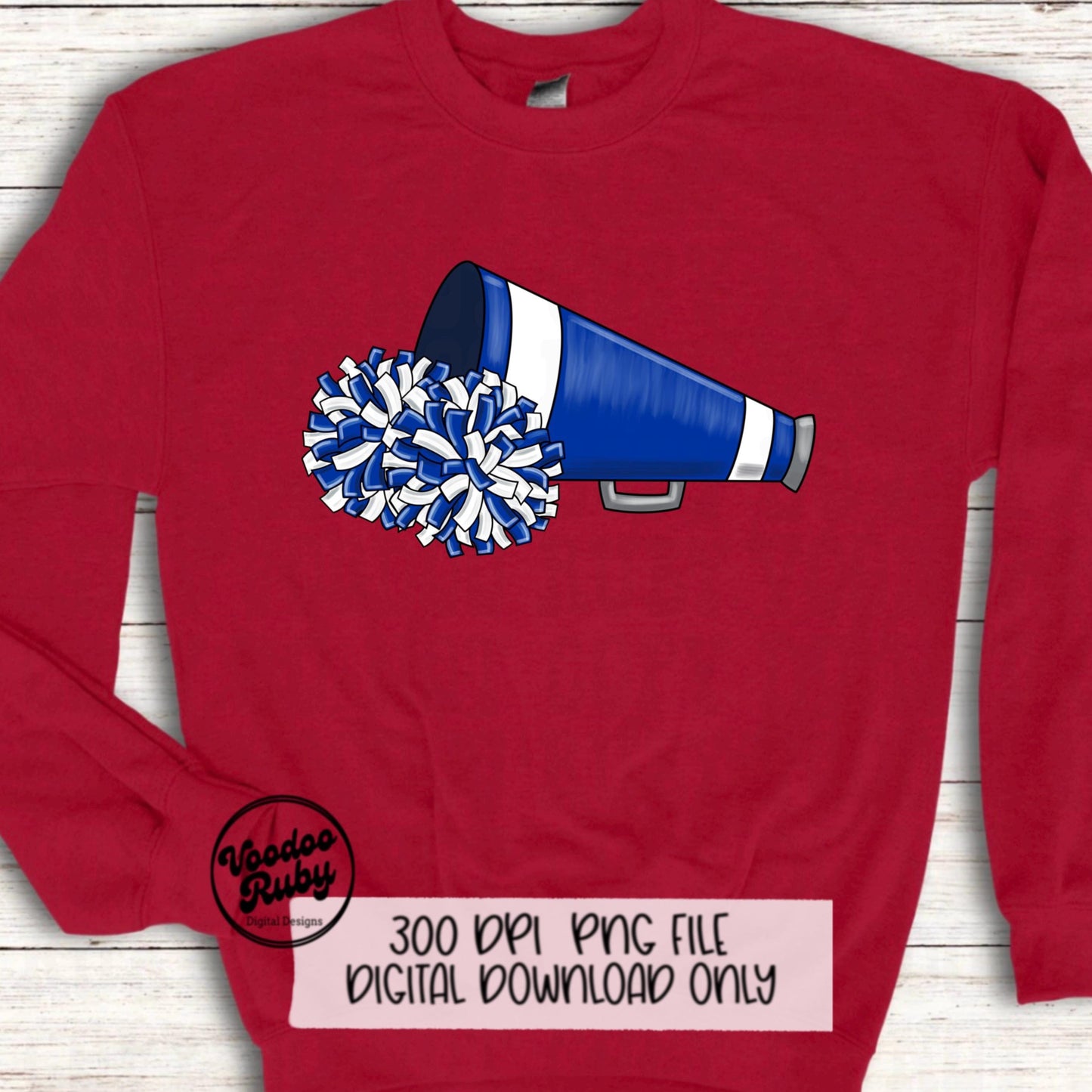 Cheer PNG Design Blue White Team Hand Drawn Digital Download PNG Megaphone Cheerleader Clip Art DTF Printable Sublimation Blanks