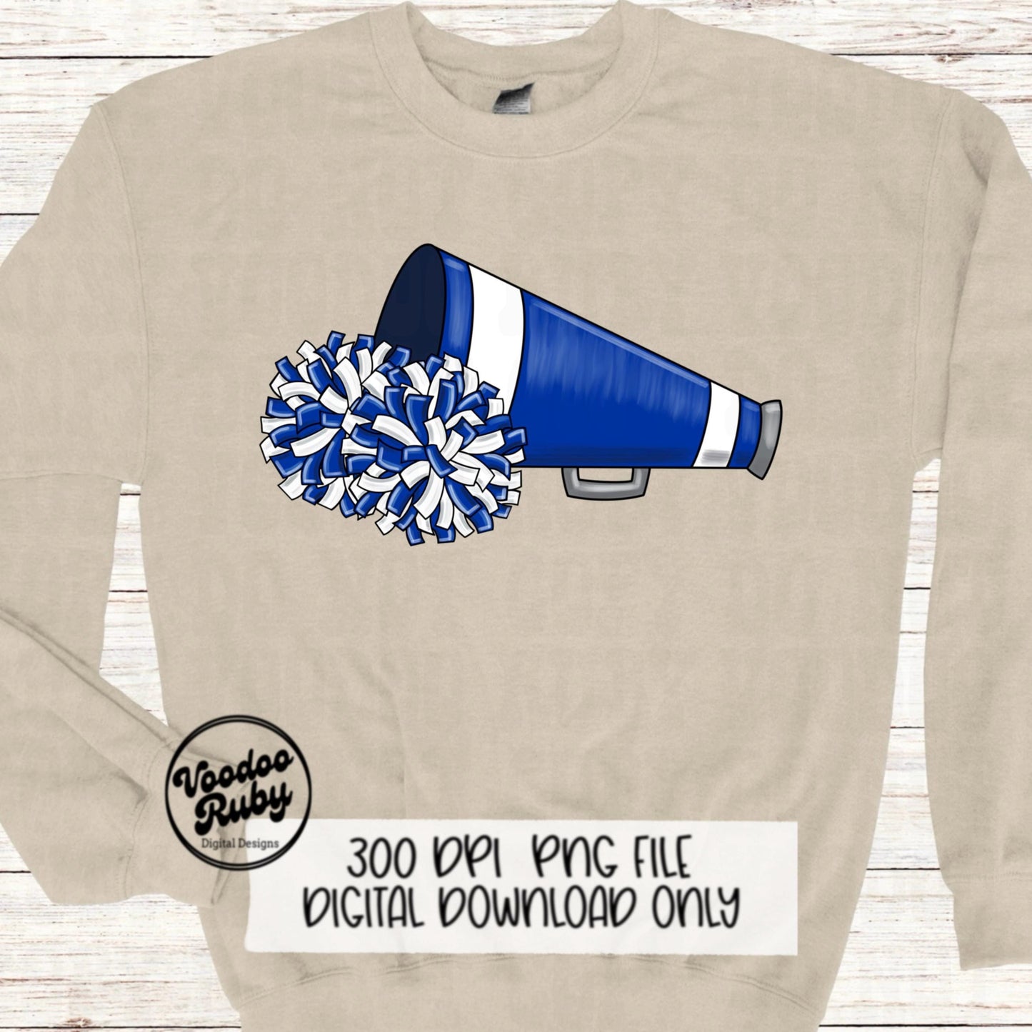 Cheer PNG Design Blue White Team Hand Drawn Digital Download PNG Megaphone Cheerleader Clip Art DTF Printable Sublimation Blanks