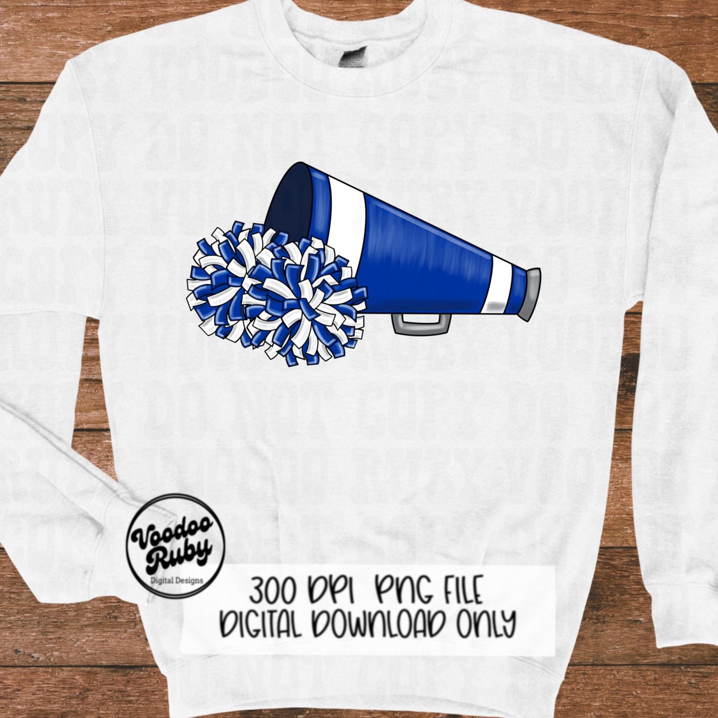 Cheer PNG Design Blue White Team Hand Drawn Digital Download PNG Megaphone Cheerleader Clip Art DTF Printable Sublimation Blanks