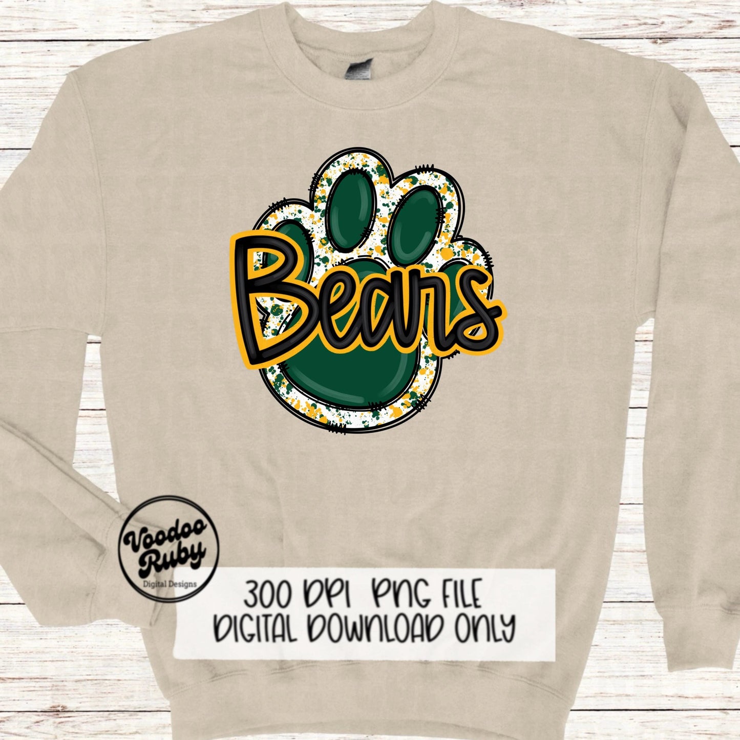 Bears PNG Design Sublimation Hand Drawn Digital Download Football png Green Gold Yellow Paw png Bears Football DTF Printable Clip Art