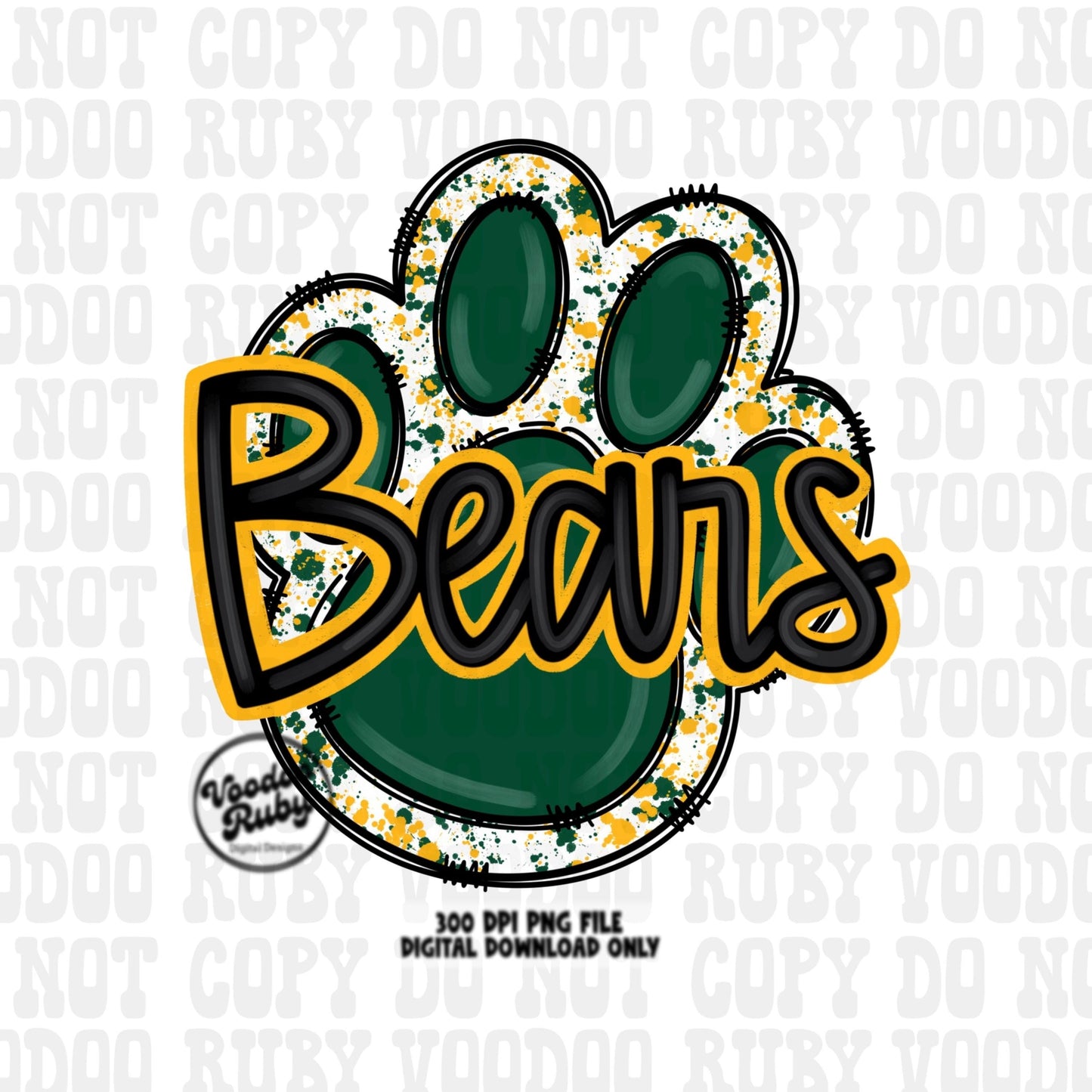 Bears PNG Design Sublimation Hand Drawn Digital Download Football png Green Gold Yellow Paw png Bears Football DTF Printable Clip Art