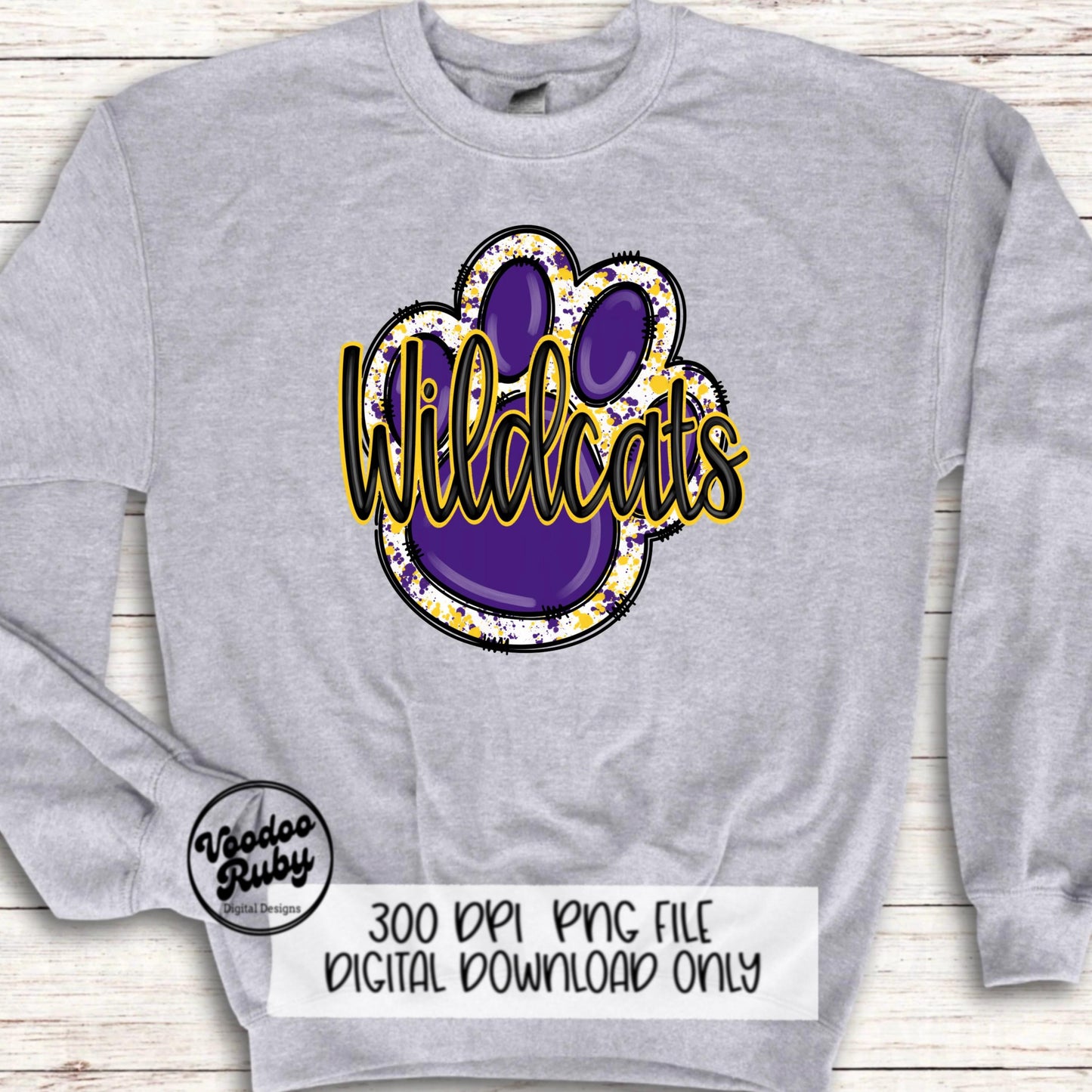 Wildcats PNG Design Sublimation Hand Drawn Digital Download Football PNG Purple Gold Wildcats Paw Print DTF Printable Clip Art