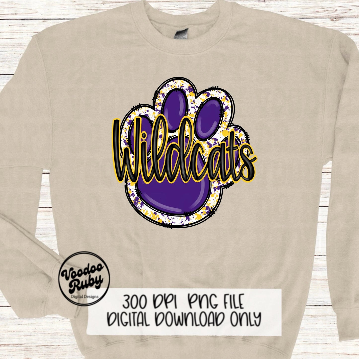 Wildcats PNG Design Sublimation Hand Drawn Digital Download Football PNG Purple Gold Wildcats Paw Print DTF Printable Clip Art