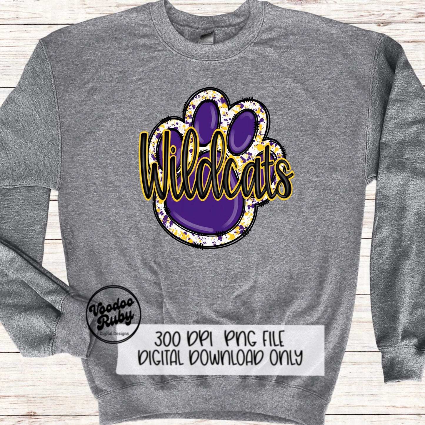 Wildcats PNG Design Sublimation Hand Drawn Digital Download Football PNG Purple Gold Wildcats Paw Print DTF Printable Clip Art