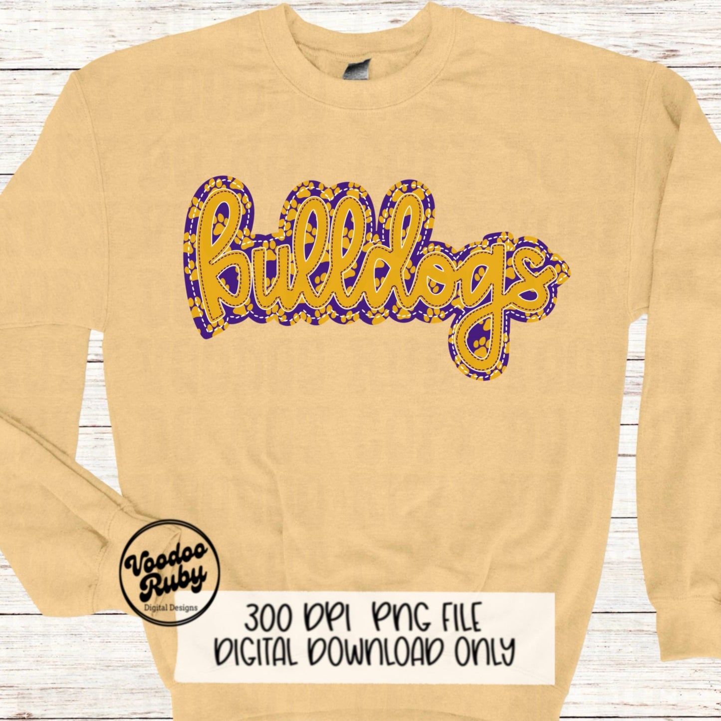 Bulldogs PNG Design Embroidery Faux Applique Hand Drawn Digital Download Sublimation Bulldogs DTF Printable Purple Gold Bulldogs Football