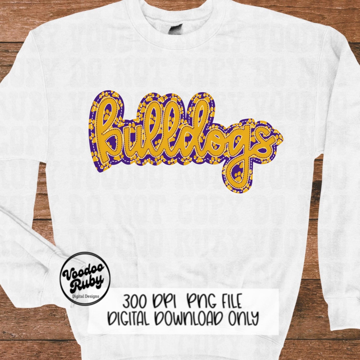Bulldogs PNG Design Embroidery Faux Applique Hand Drawn Digital Download Sublimation Bulldogs DTF Printable Purple Gold Bulldogs Football