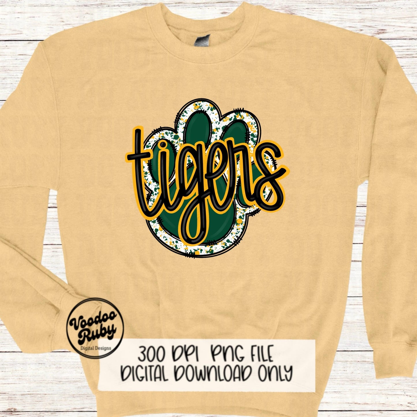 Tigers PNG Design Sublimation Hand Drawn Digital Download Football PNG Green Gold Paw Print Mascot Tigers DTF Printable