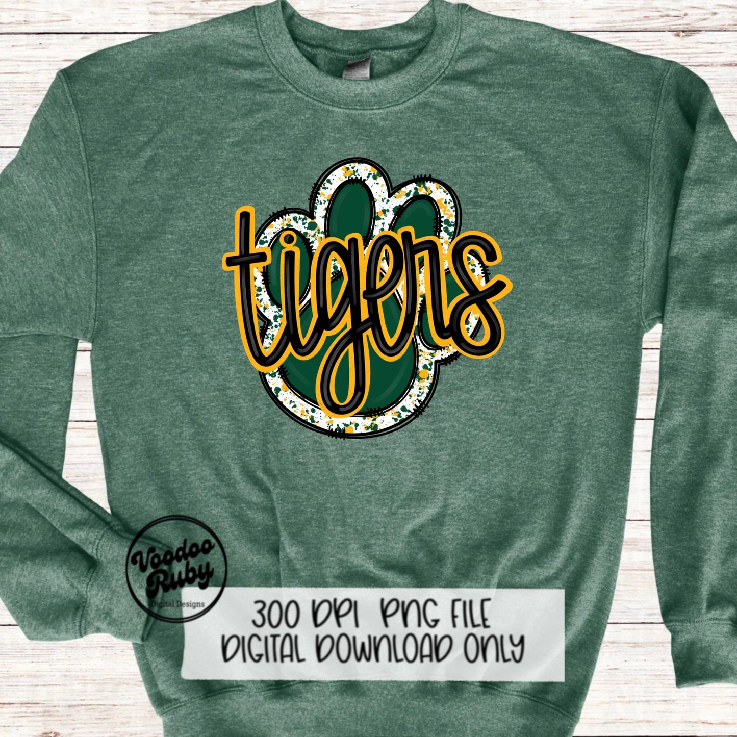 Tigers PNG Design Sublimation Hand Drawn Digital Download Football PNG Green Gold Paw Print Mascot Tigers DTF Printable