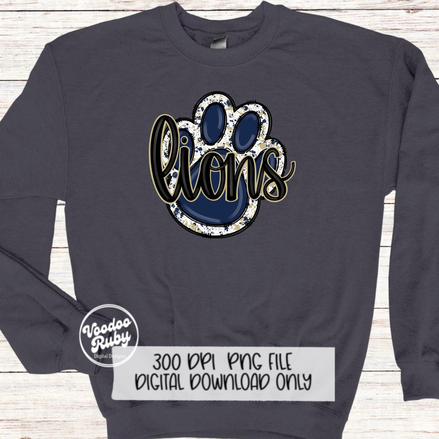 Lions PNG Design Hand Drawn Digital Download Lions Football PNG Blue Gold Paw Print Sublimation Design Lions DTF Printable