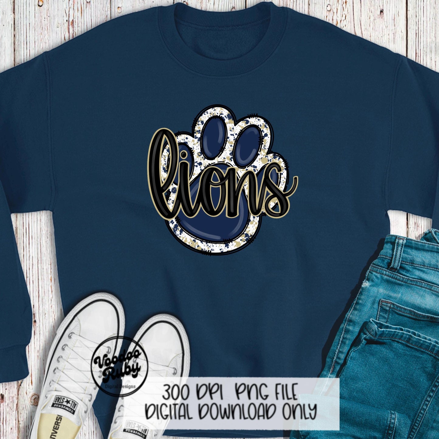 Lions PNG Design Hand Drawn Digital Download Lions Football PNG Blue Gold Paw Print Sublimation Design Lions DTF Printable