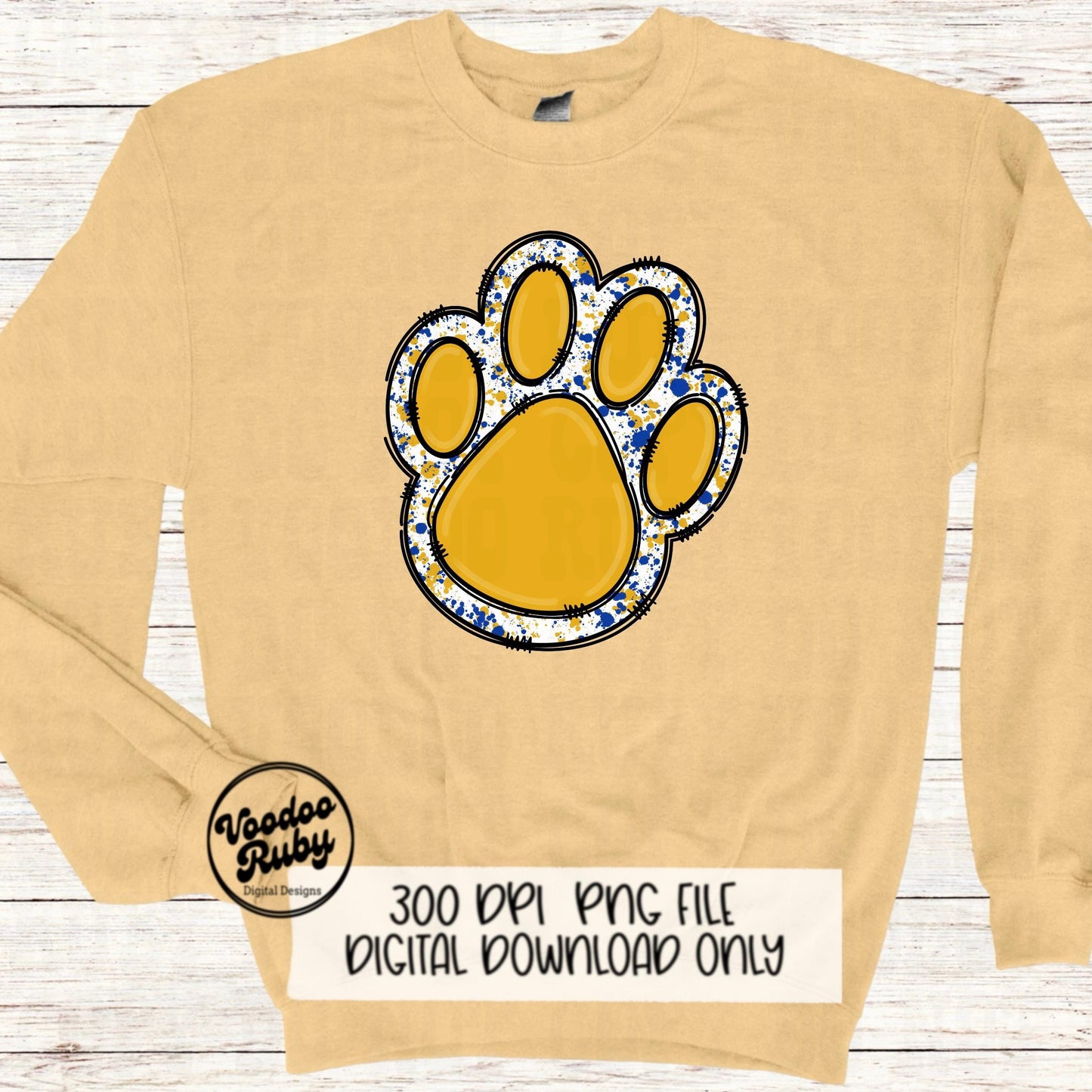 Gold and Blue Paw Print PNG Sublimation Design Hand Drawn Digital Download Football PNG Doodle Clip Art DTF Printable