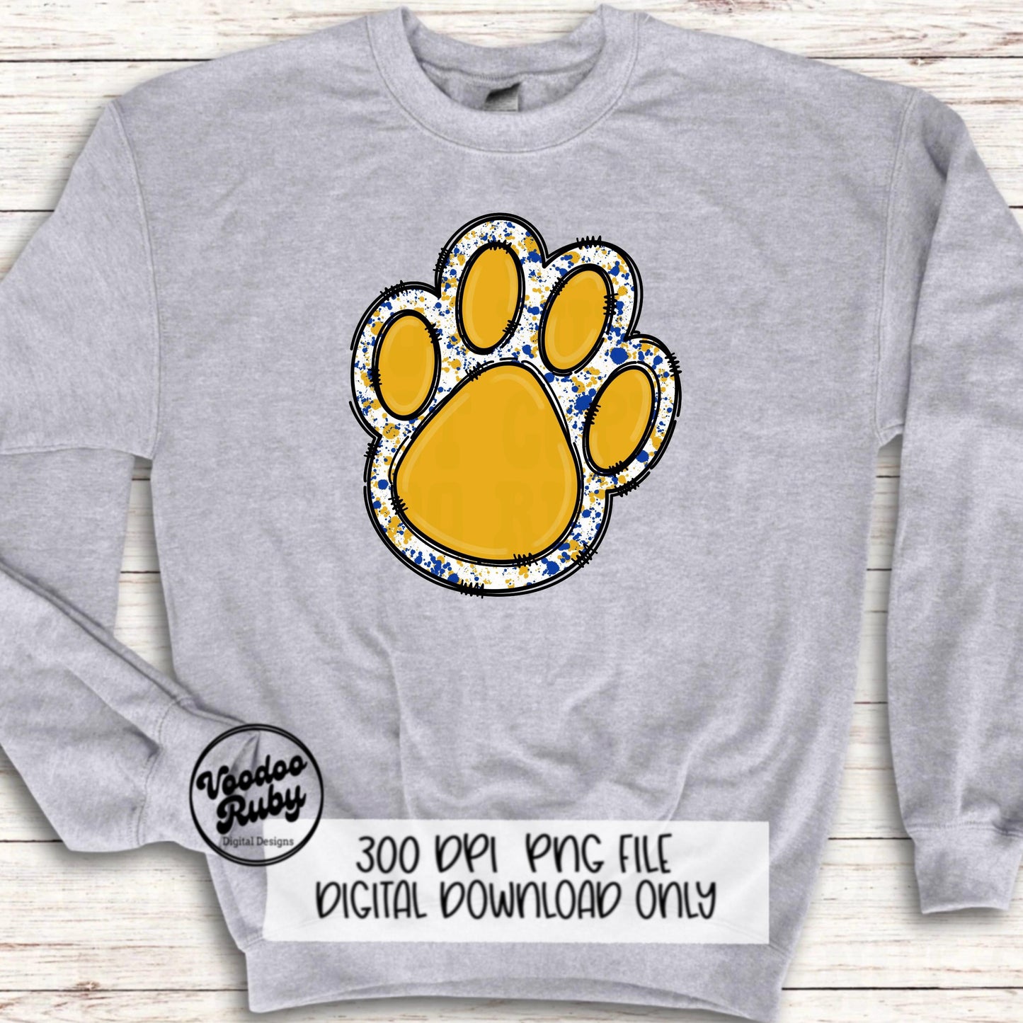 Gold and Blue Paw Print PNG Sublimation Design Hand Drawn Digital Download Football PNG Doodle Clip Art DTF Printable