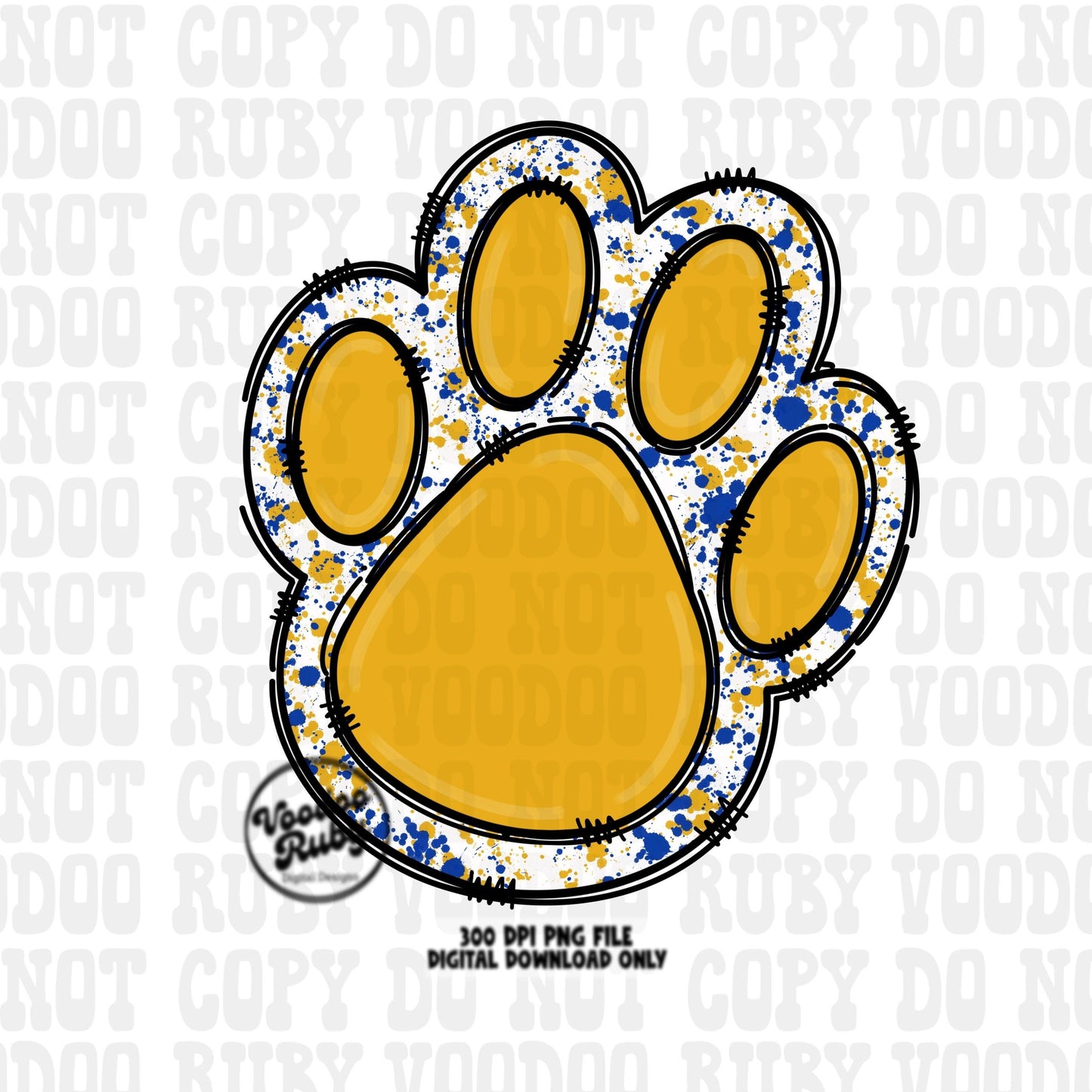Gold and Blue Paw Print PNG Sublimation Design Hand Drawn Digital Download Football PNG Doodle Clip Art DTF Printable