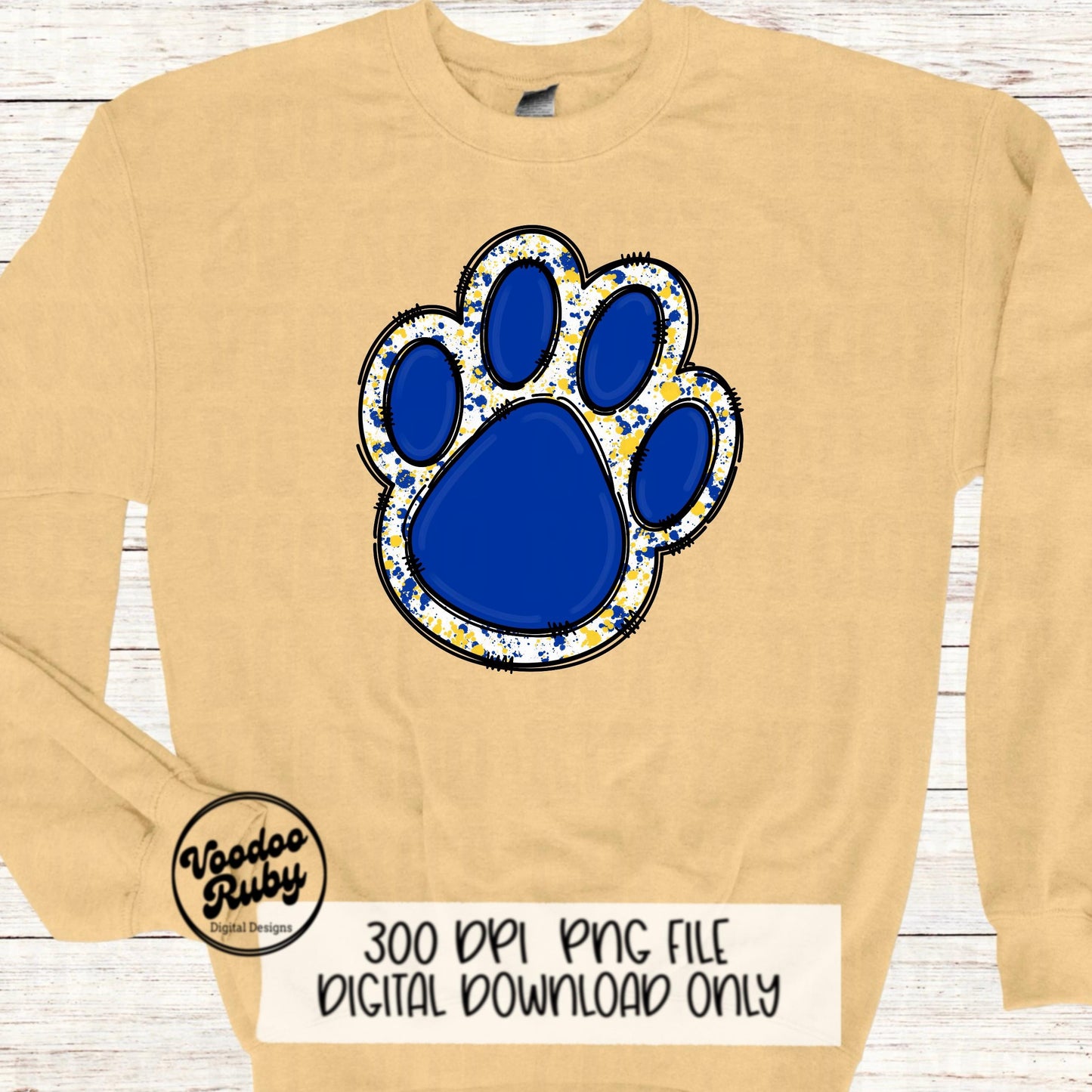 Blue Yellow Paw PNG Design Hand Drawn Digital Download PNG Sublimation Paw Print Doodle Clip Art DTF Printable