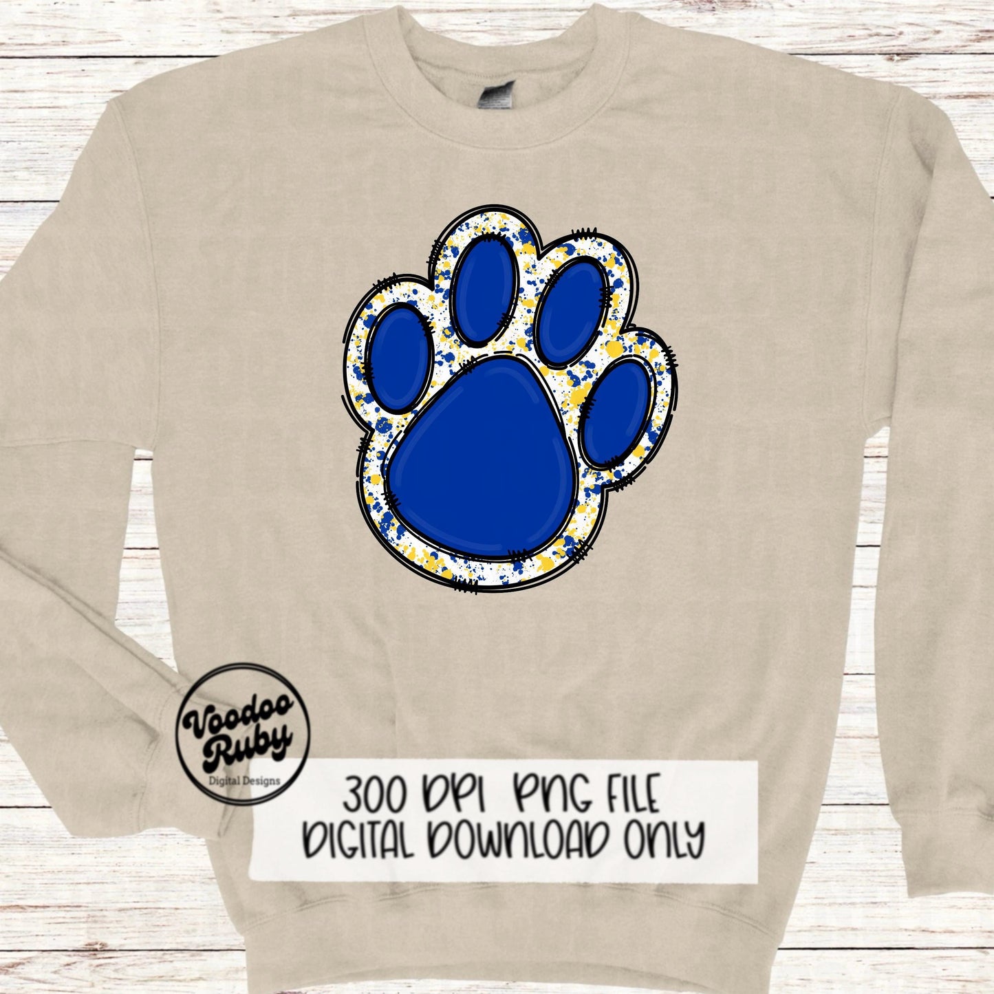 Blue Yellow Paw PNG Design Hand Drawn Digital Download PNG Sublimation Paw Print Doodle Clip Art DTF Printable