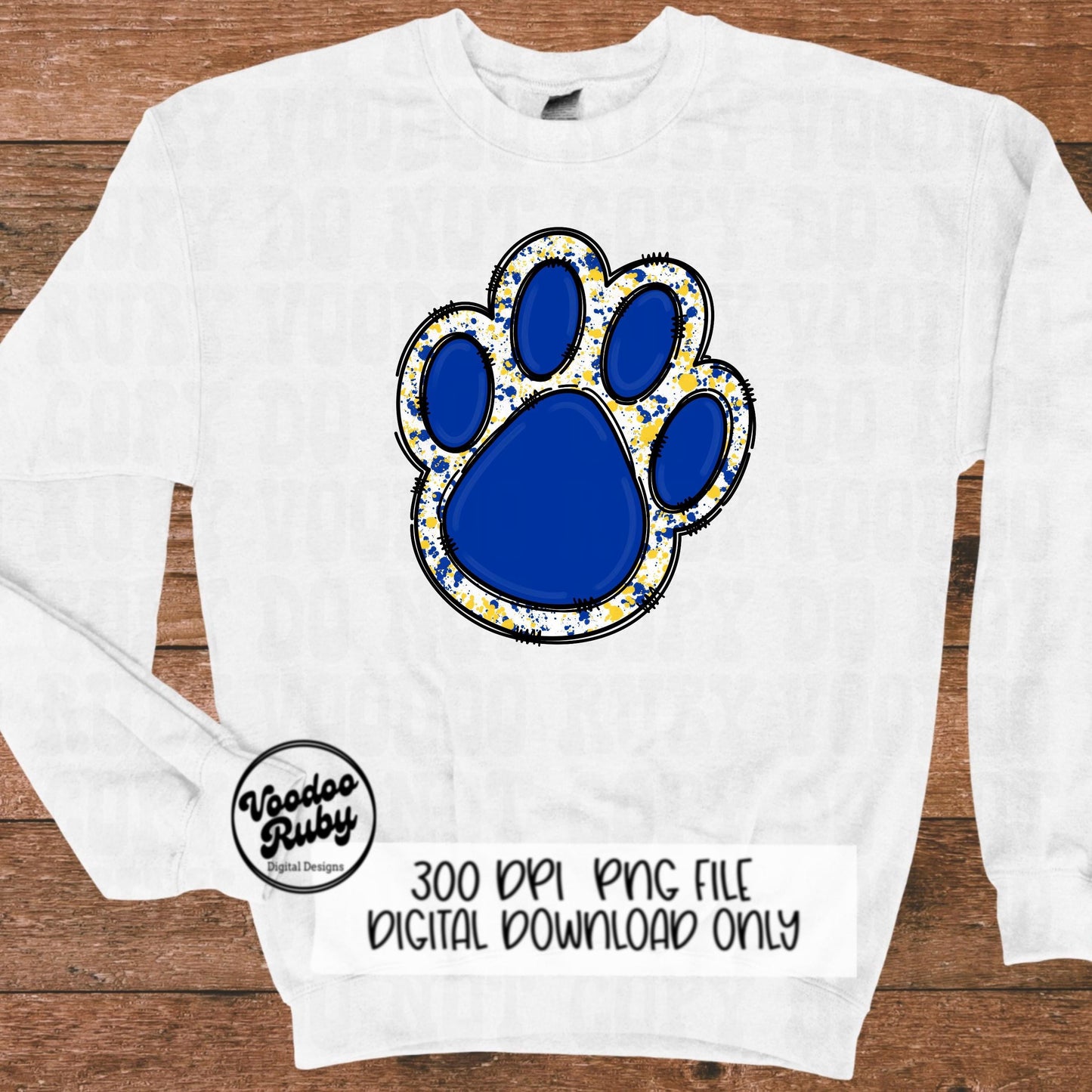 Blue Yellow Paw PNG Design Hand Drawn Digital Download PNG Sublimation Paw Print Doodle Clip Art DTF Printable
