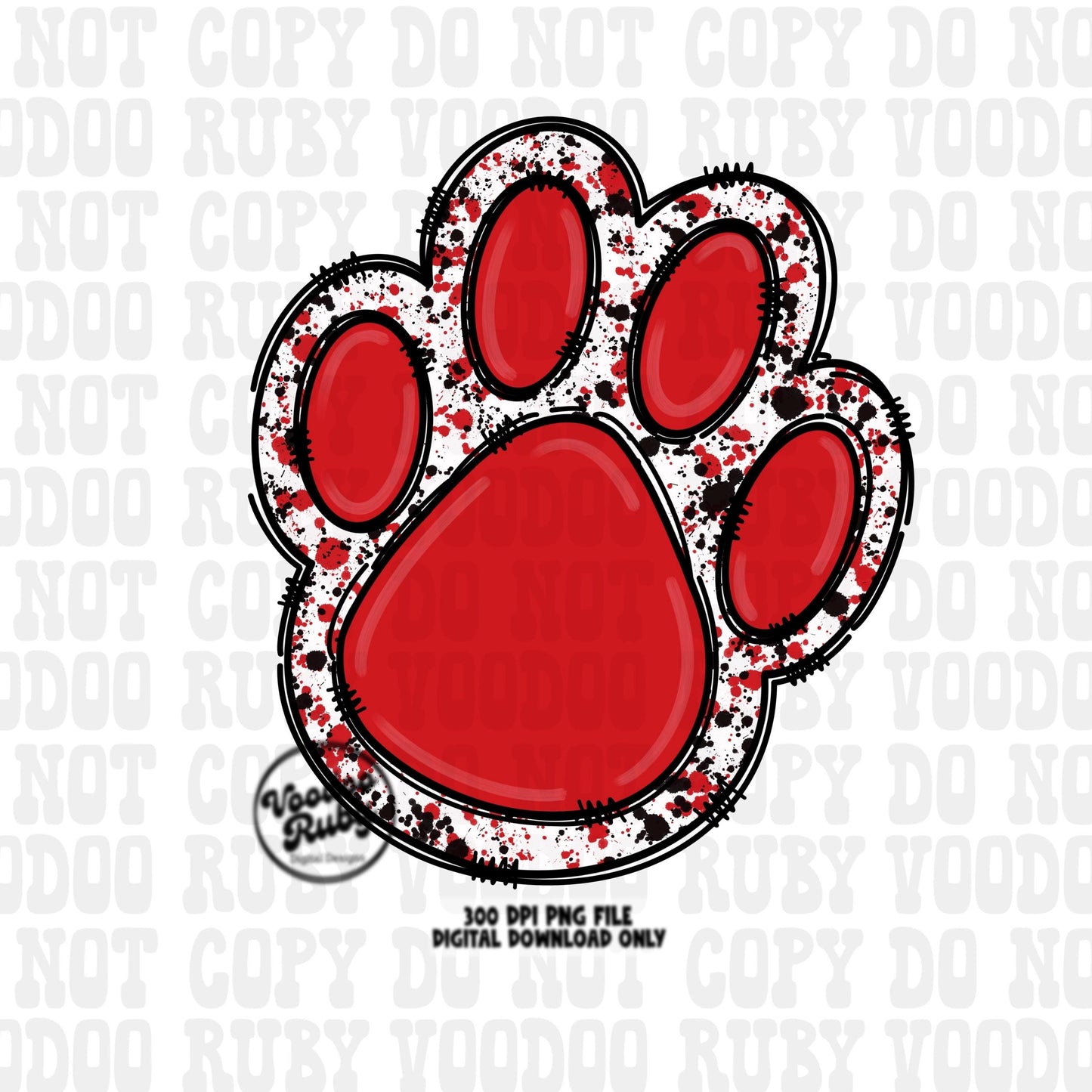 Red and Black Paw Print PNG Sublimation Design Hand Drawn Digital Download Doodle Paw Print Football Mascot DTF Printable Clip Art