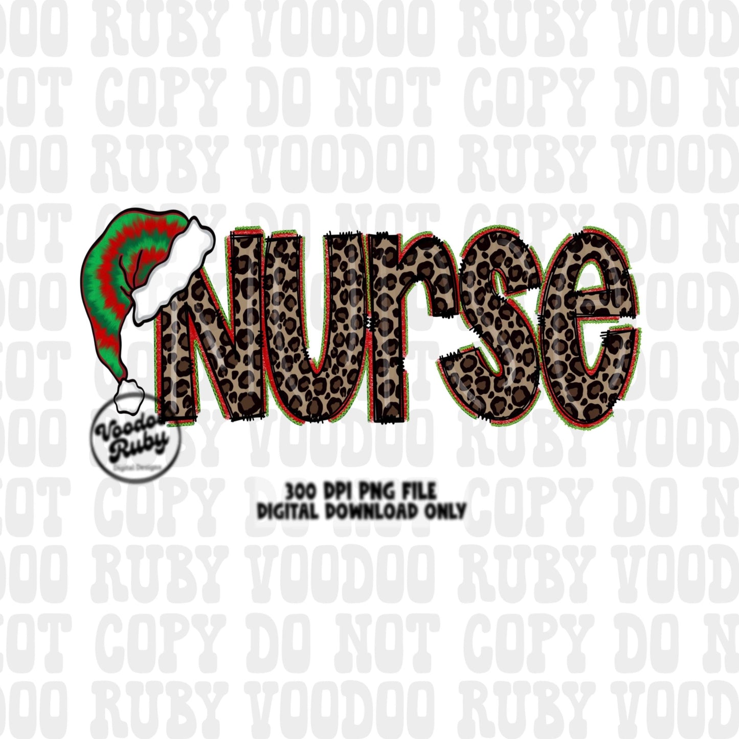 Nurse Christmas Sublimation PNG | Hand Drawn | Digital Download | Clip Art | Leopard Print PNG | Tie Dye | Santa Hat | Printable | Nurse PNG