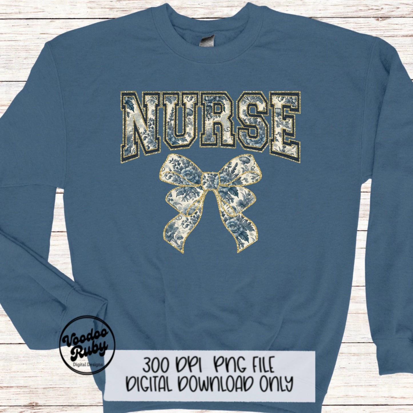 Blue Floral Nurse PNG Design Sublimation Hand Drawn Digital Download RN Chinoiserie Printable Nurse Clip Art Grand Millennial png Nurse Dtf