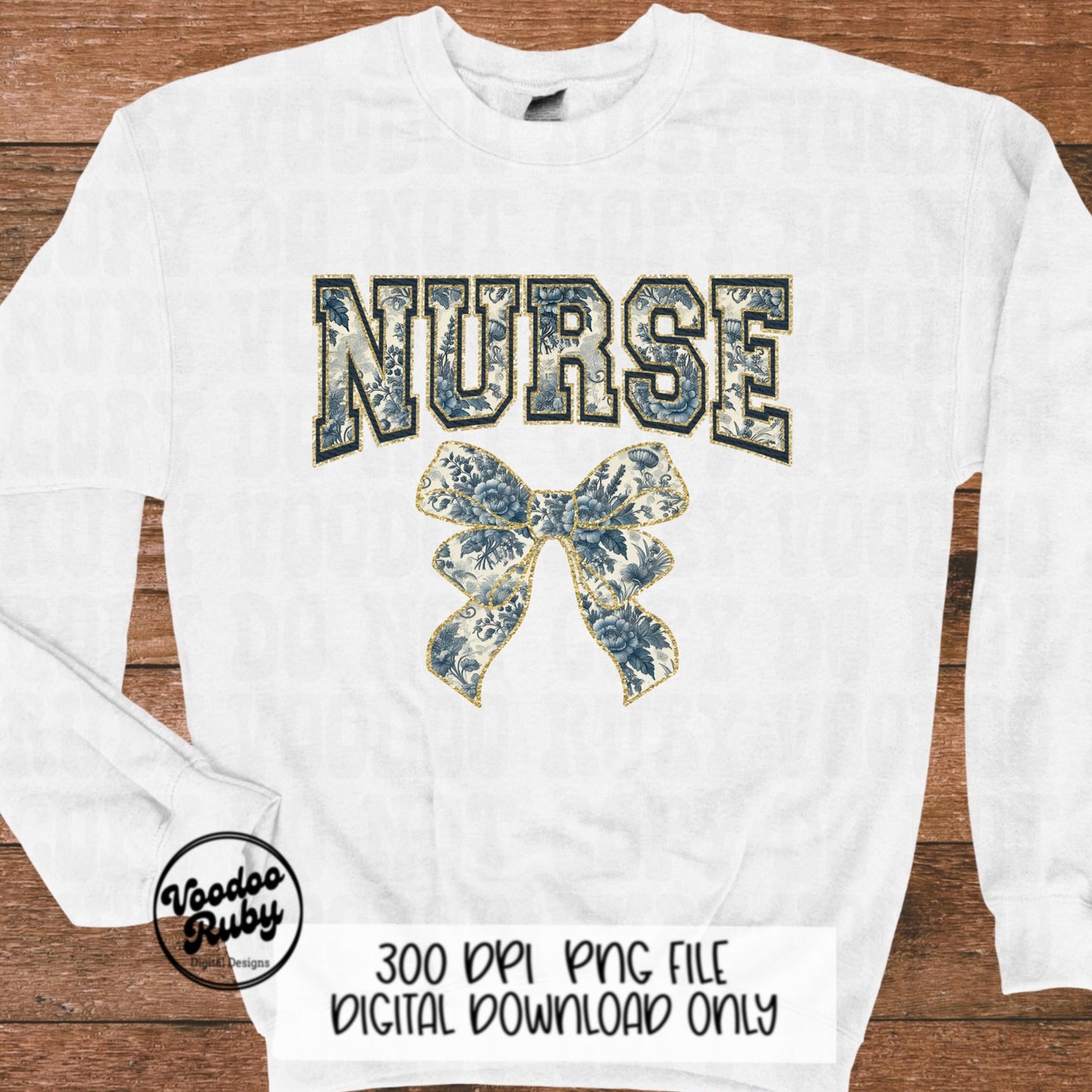 Blue Floral Nurse PNG Design Sublimation Hand Drawn Digital Download RN Chinoiserie Printable Nurse Clip Art Grand Millennial png Nurse Dtf