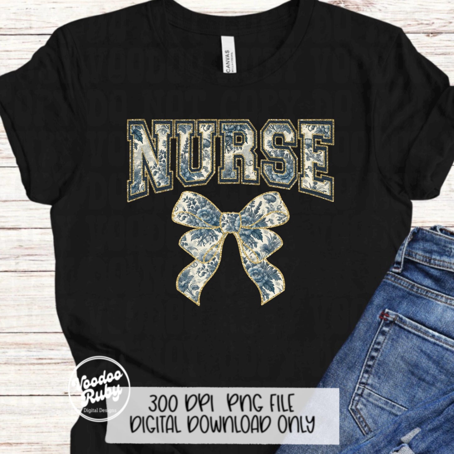Blue Floral Nurse PNG Design Sublimation Hand Drawn Digital Download RN Chinoiserie Printable Nurse Clip Art Grand Millennial png Nurse Dtf