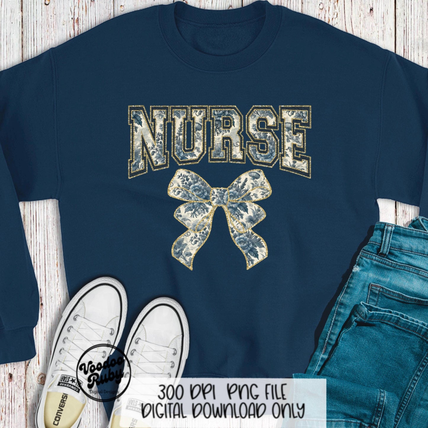 Blue Floral Nurse PNG Design Sublimation Hand Drawn Digital Download RN Chinoiserie Printable Nurse Clip Art Grand Millennial png Nurse Dtf