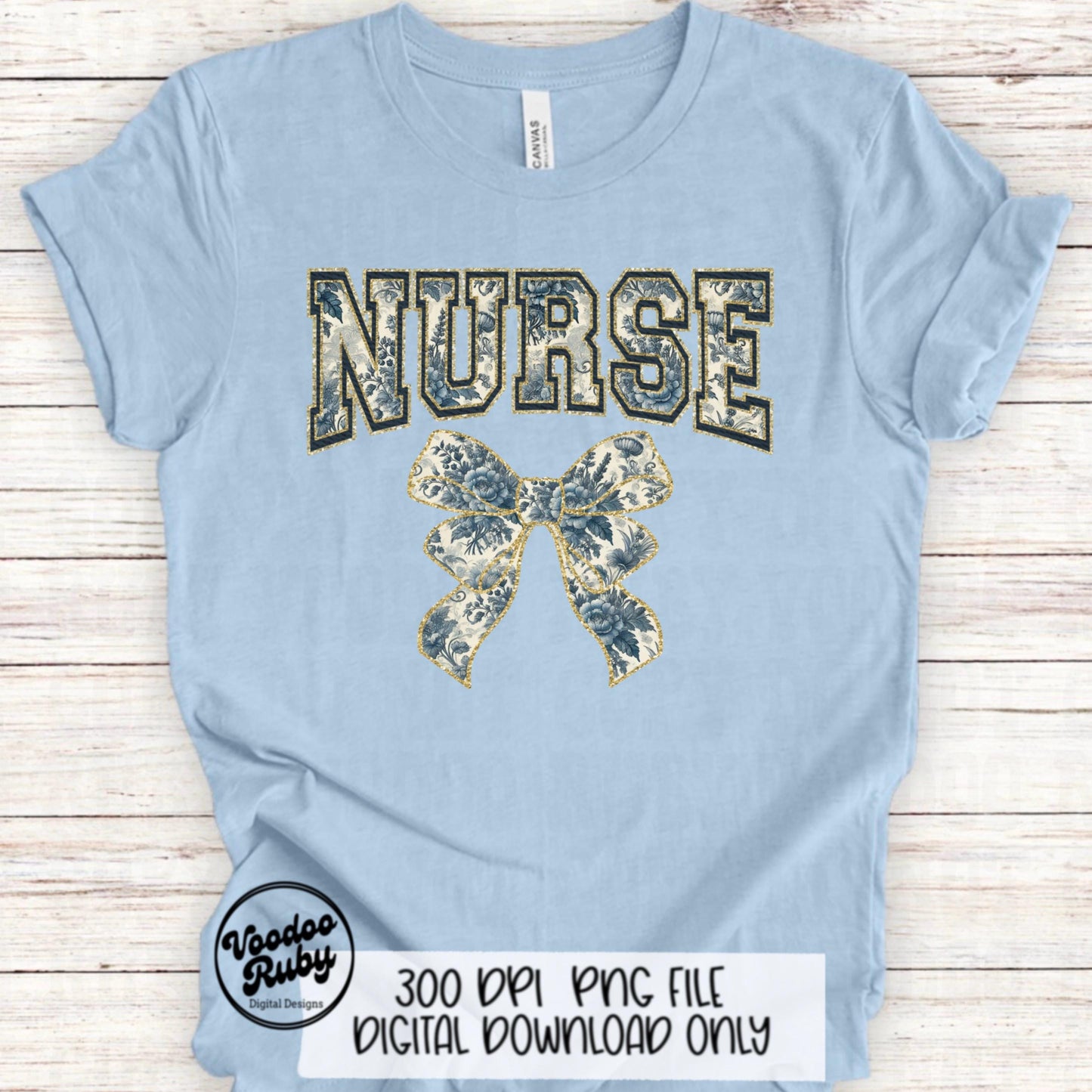 Blue Floral Nurse PNG Design Sublimation Hand Drawn Digital Download RN Chinoiserie Printable Nurse Clip Art Grand Millennial png Nurse Dtf
