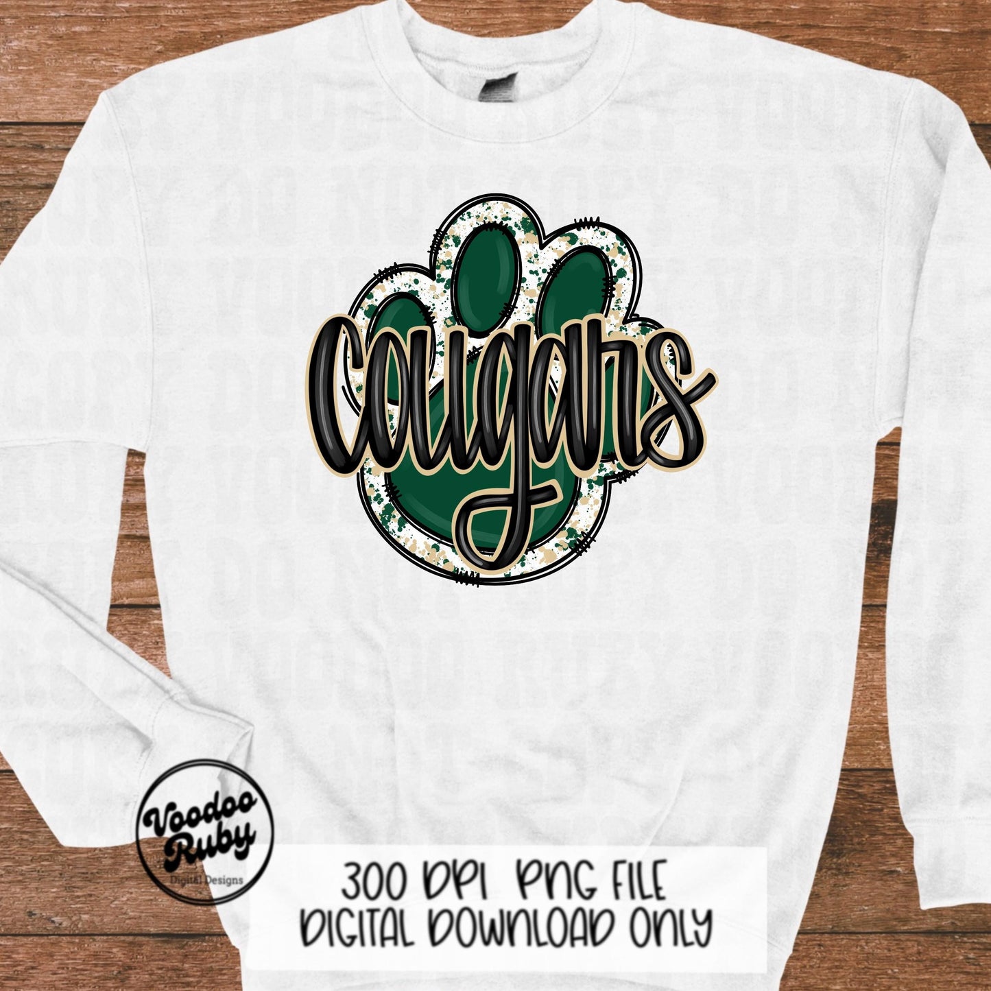 Cougars PNG Design Sublimation Hand Drawn Digital Download Football PNG Paw Print Green Gold Cougars Mascot DTF Printable