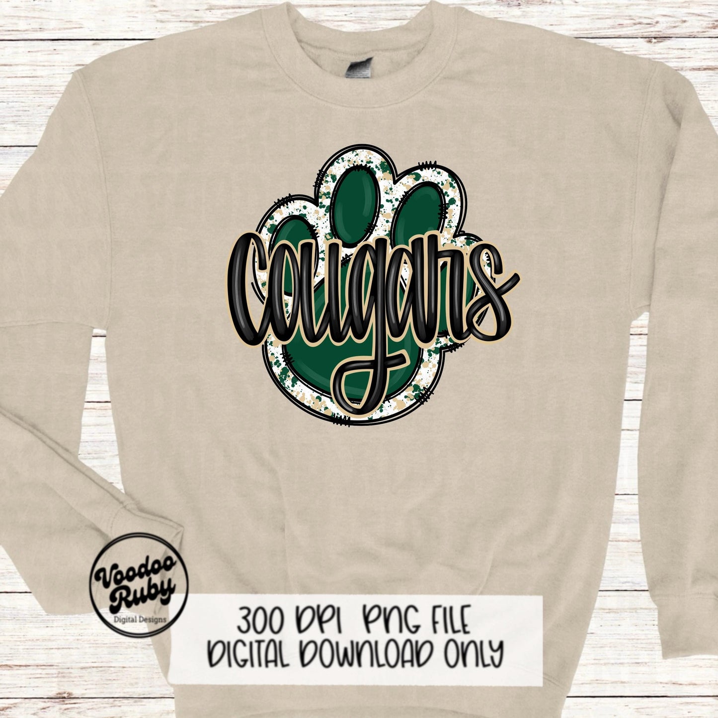 Cougars PNG Design Sublimation Hand Drawn Digital Download Football PNG Paw Print Green Gold Cougars Mascot DTF Printable