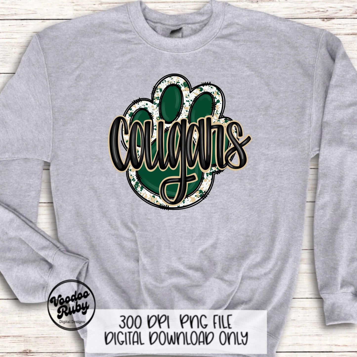 Cougars PNG Design Sublimation Hand Drawn Digital Download Football PNG Paw Print Green Gold Cougars Mascot DTF Printable