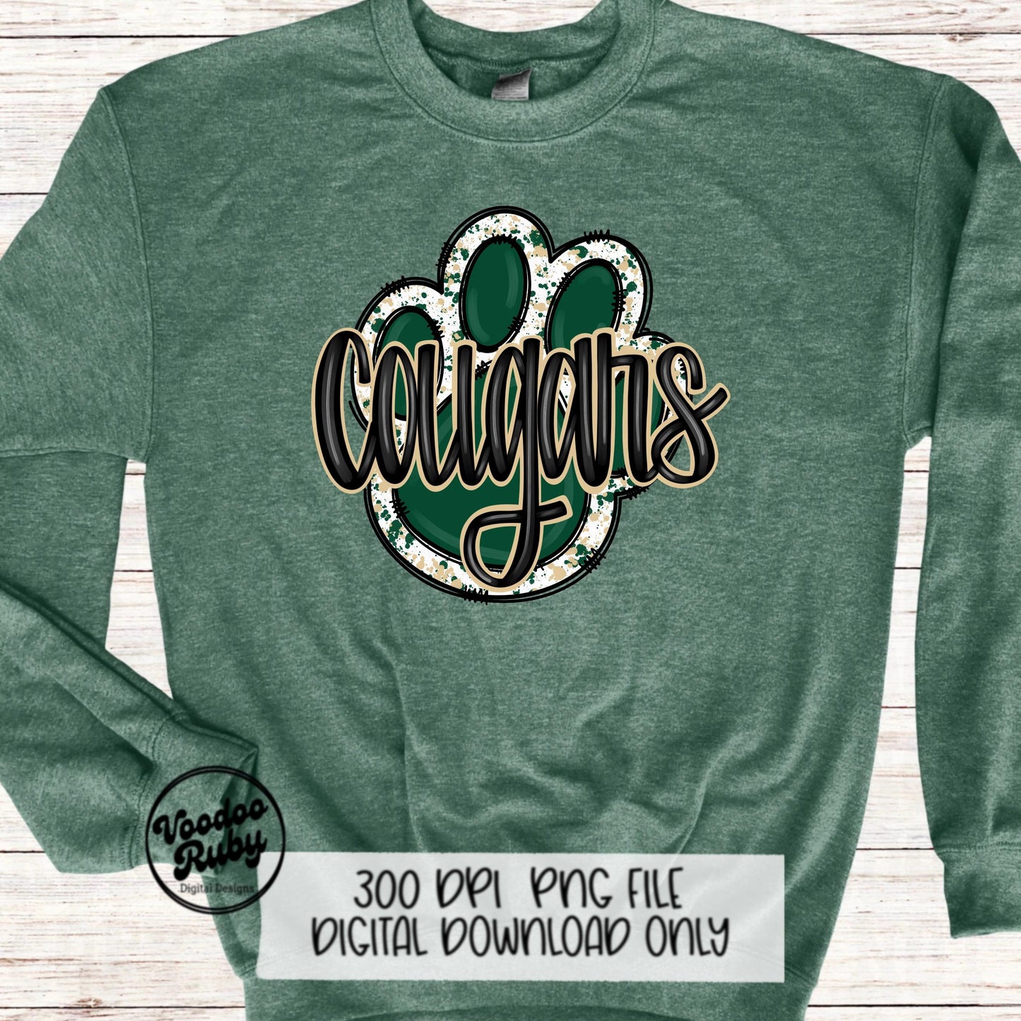 Cougars PNG Design Sublimation Hand Drawn Digital Download Football PNG Paw Print Green Gold Cougars Mascot DTF Printable