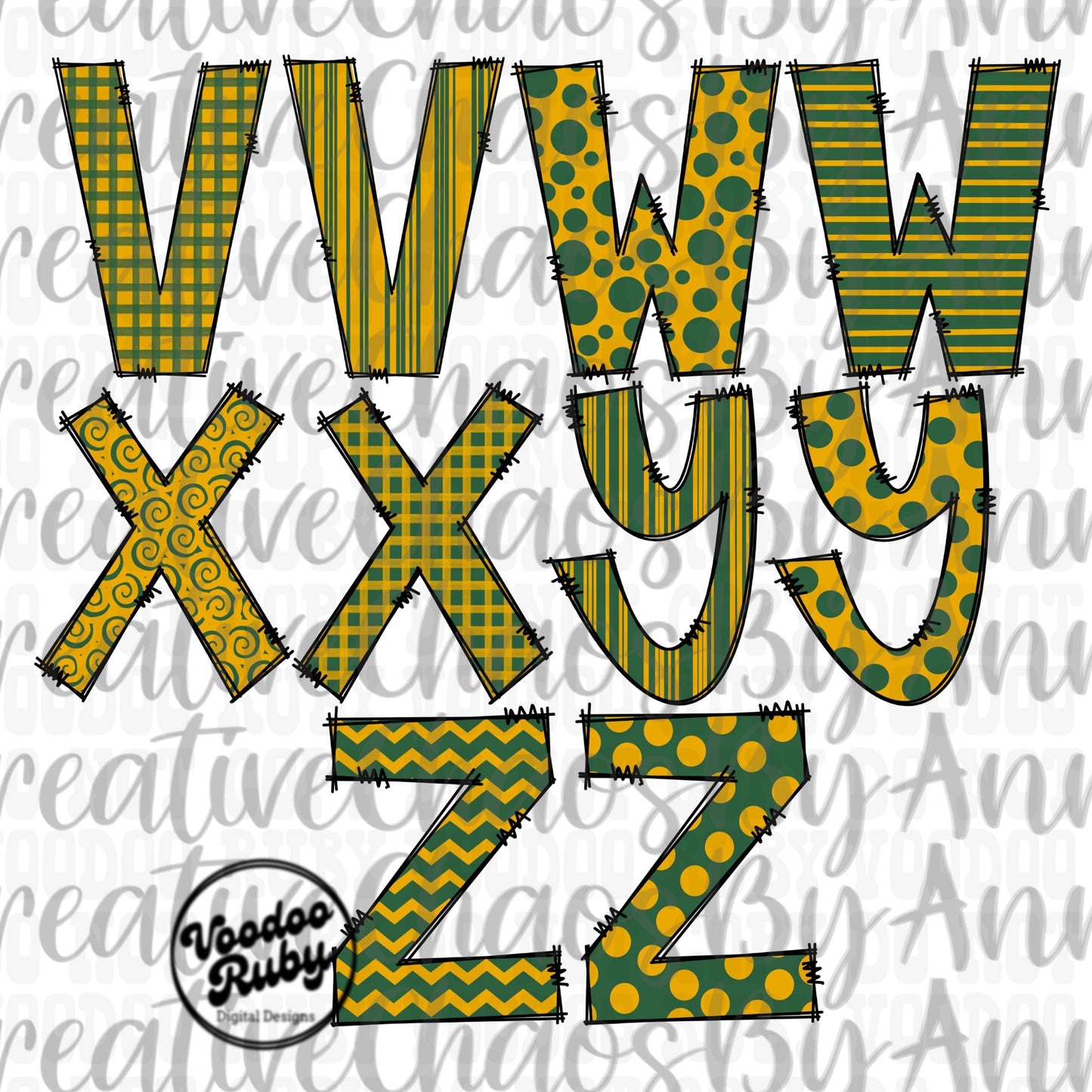 Doodle Letters Alphabet Bundle PNG | Green and Gold | Hand Drawn Alpha Pack Digital Download | Sublimation Alphabet | Digital Design PNG