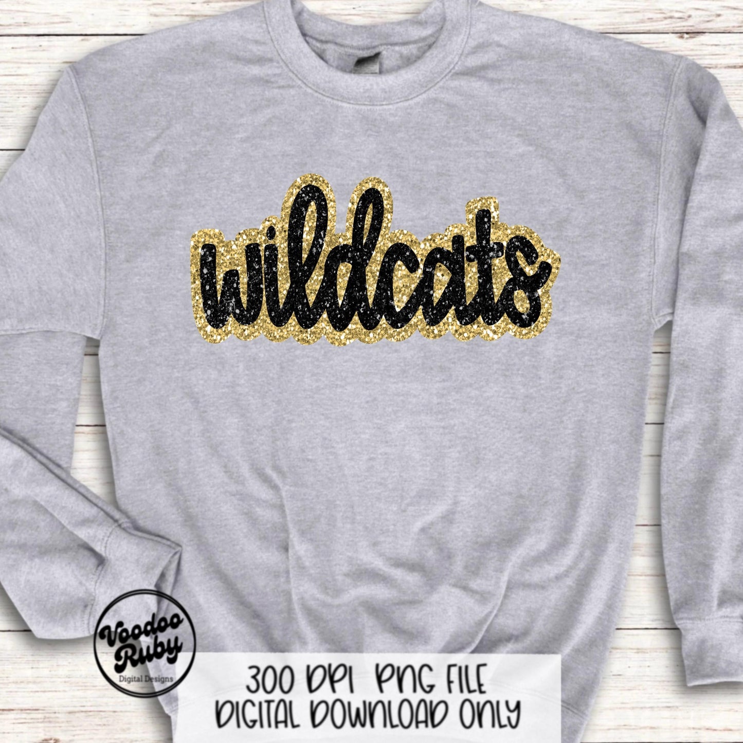 Wildcats PNG Design Sublimation Hand Drawn Digital Download Football Gold Black Faux Glitter Wildcats Patch DTF Printable Mascot Clip Art