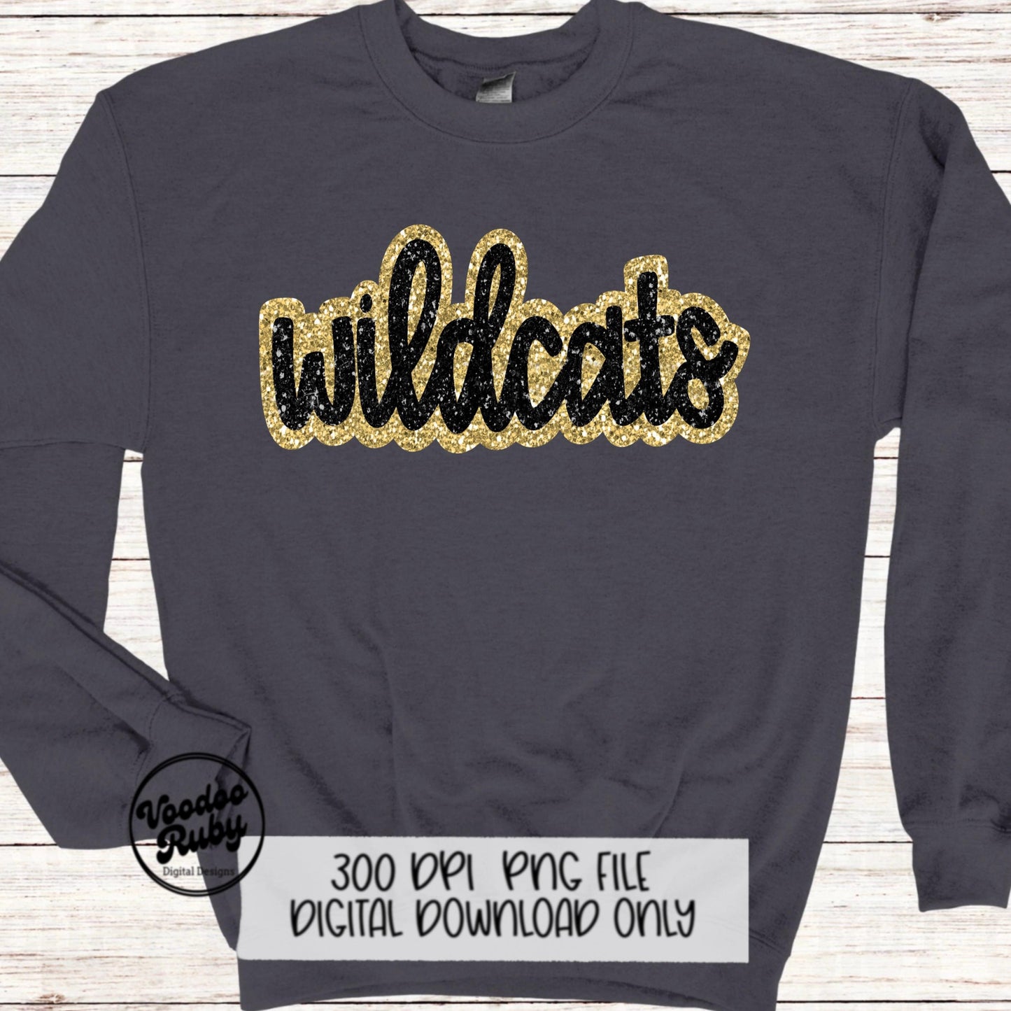 Wildcats PNG Design Sublimation Hand Drawn Digital Download Football Gold Black Faux Glitter Wildcats Patch DTF Printable Mascot Clip Art