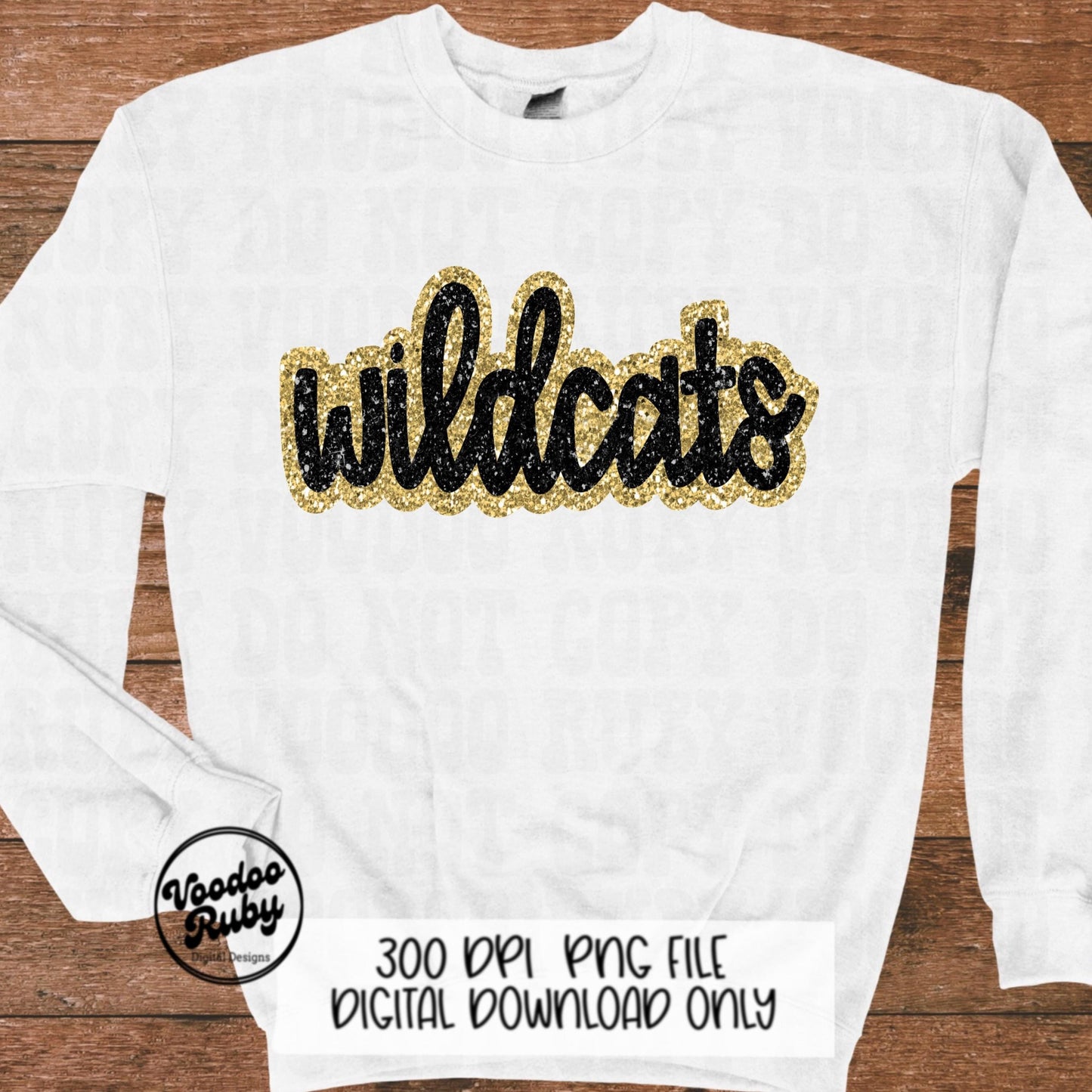 Wildcats PNG Design Sublimation Hand Drawn Digital Download Football Gold Black Faux Glitter Wildcats Patch DTF Printable Mascot Clip Art