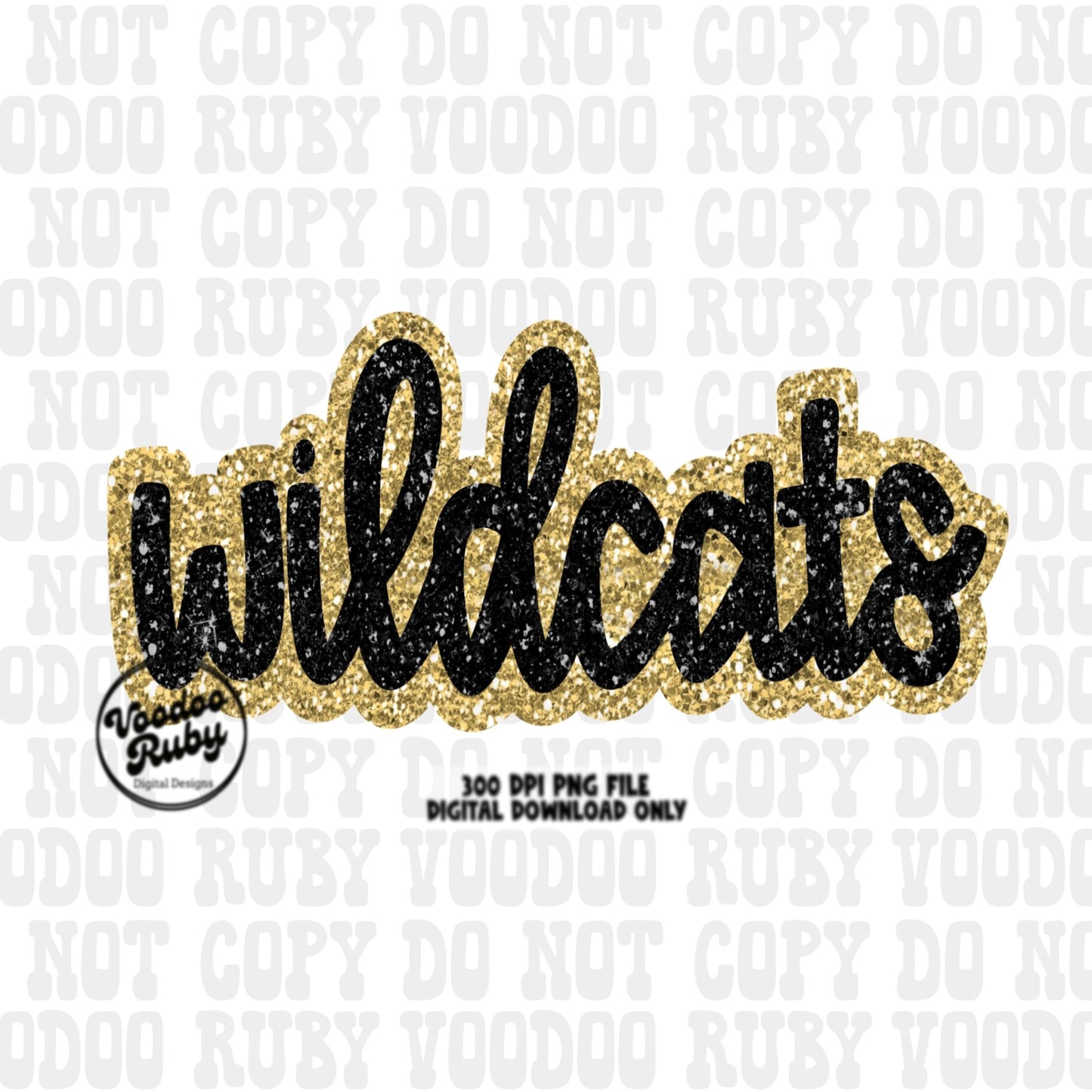Wildcats PNG Design Sublimation Hand Drawn Digital Download Football Gold Black Faux Glitter Wildcats Patch DTF Printable Mascot Clip Art