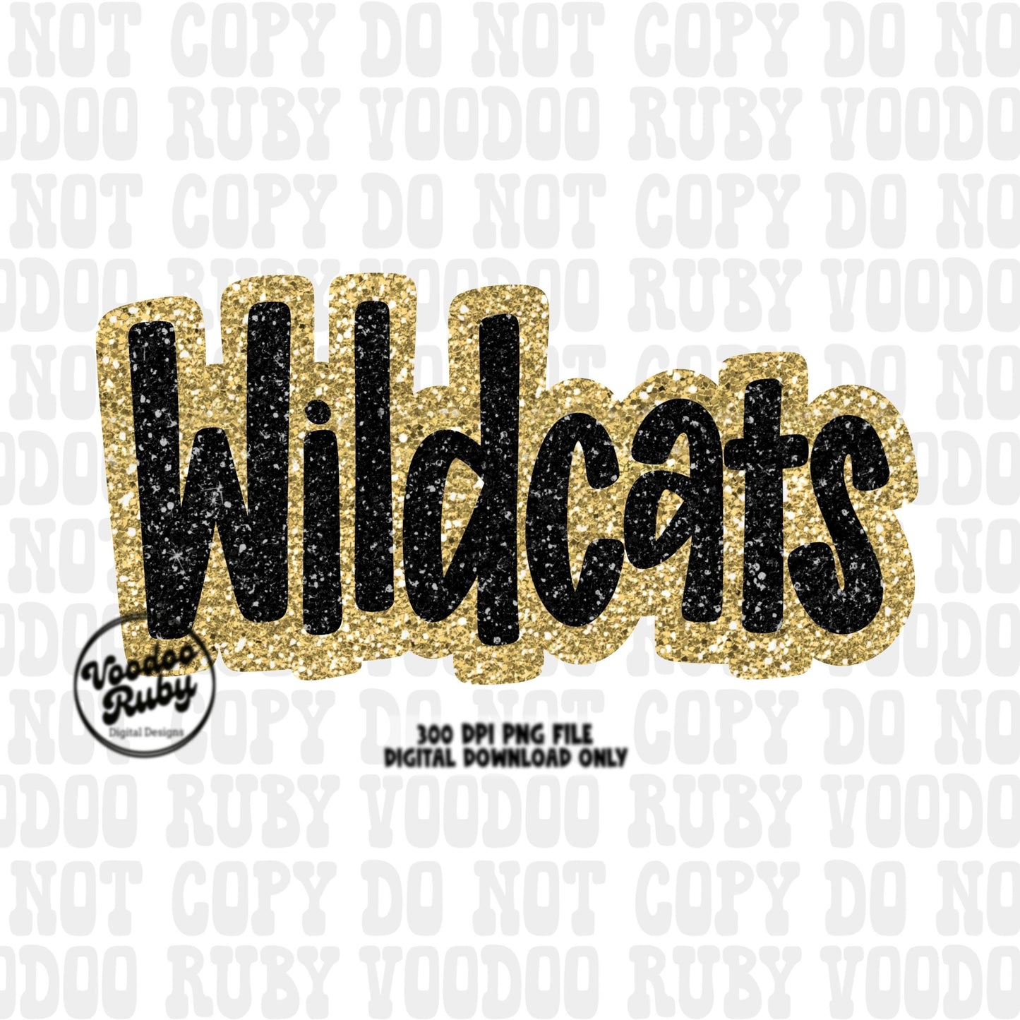 Wildcats PNG Design Sublimation Hand Drawn Digital Download Football Gold Black Faux Glitter Wildcats Patch DTF Printable Mascot Clip Art