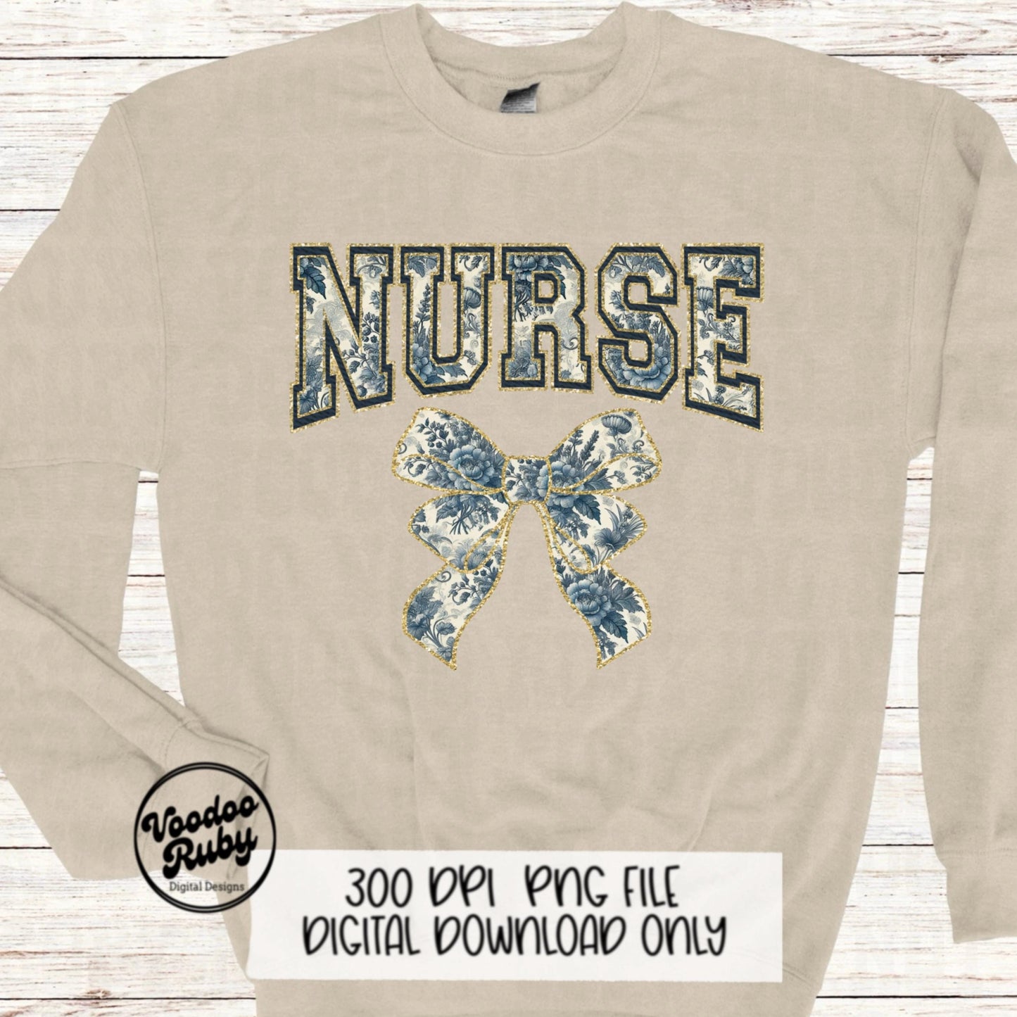 Blue Floral Nurse PNG Design Sublimation Hand Drawn Digital Download RN Chinoiserie Printable Nurse Clip Art Grand Millennial png Nurse Dtf