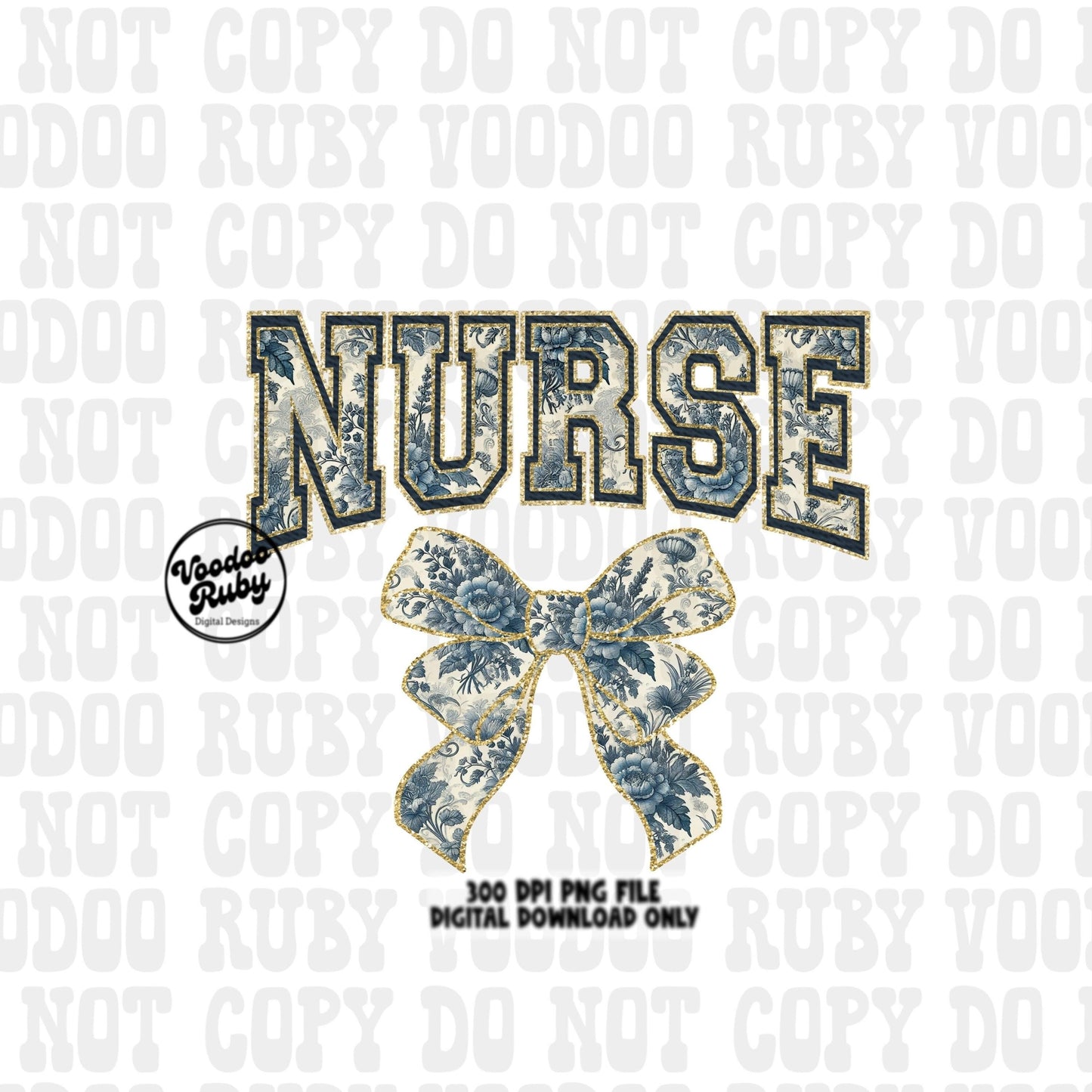 Blue Floral Nurse PNG Design Sublimation Hand Drawn Digital Download RN Chinoiserie Printable Nurse Clip Art Grand Millennial png Nurse Dtf