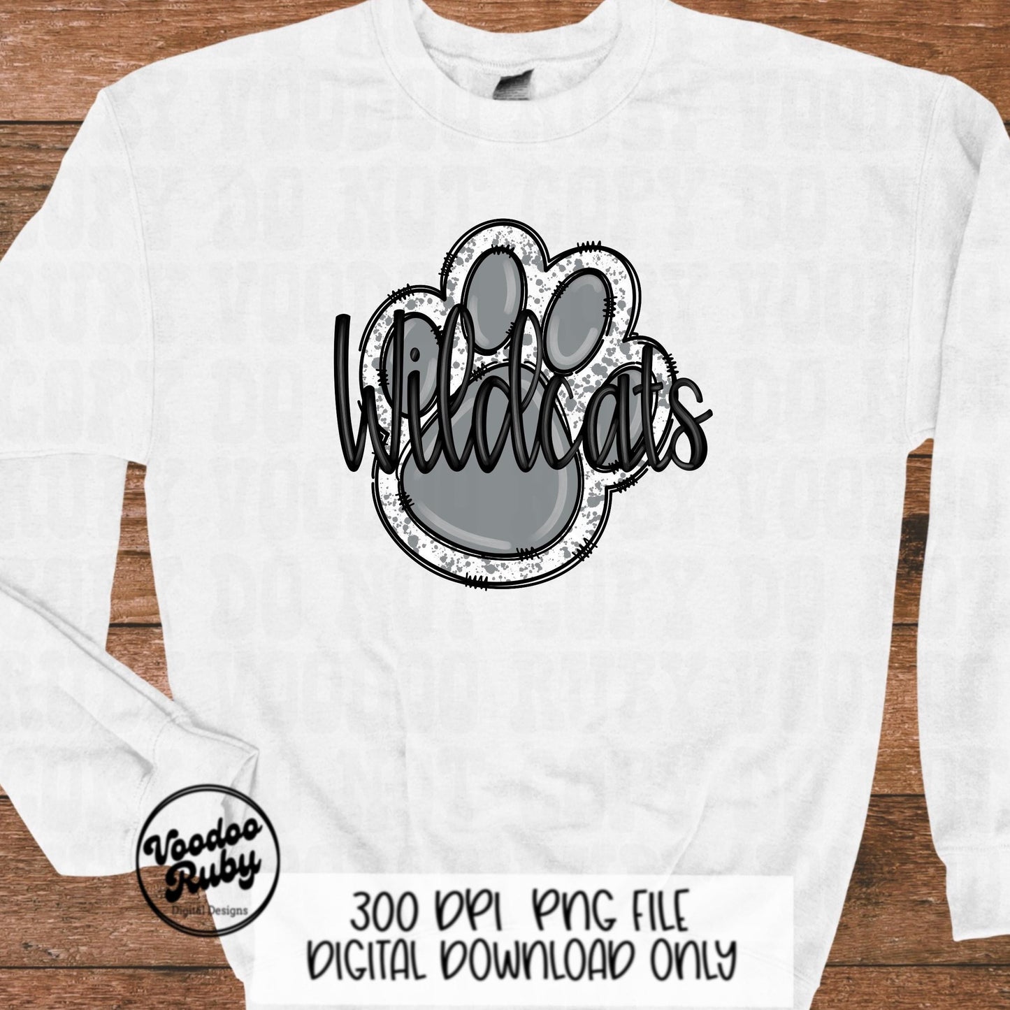 Wildcats Paw Print PNG Sublimation Design | Hand Drawn Digital Download | Football PNG | Gray Paw Print | Printable
